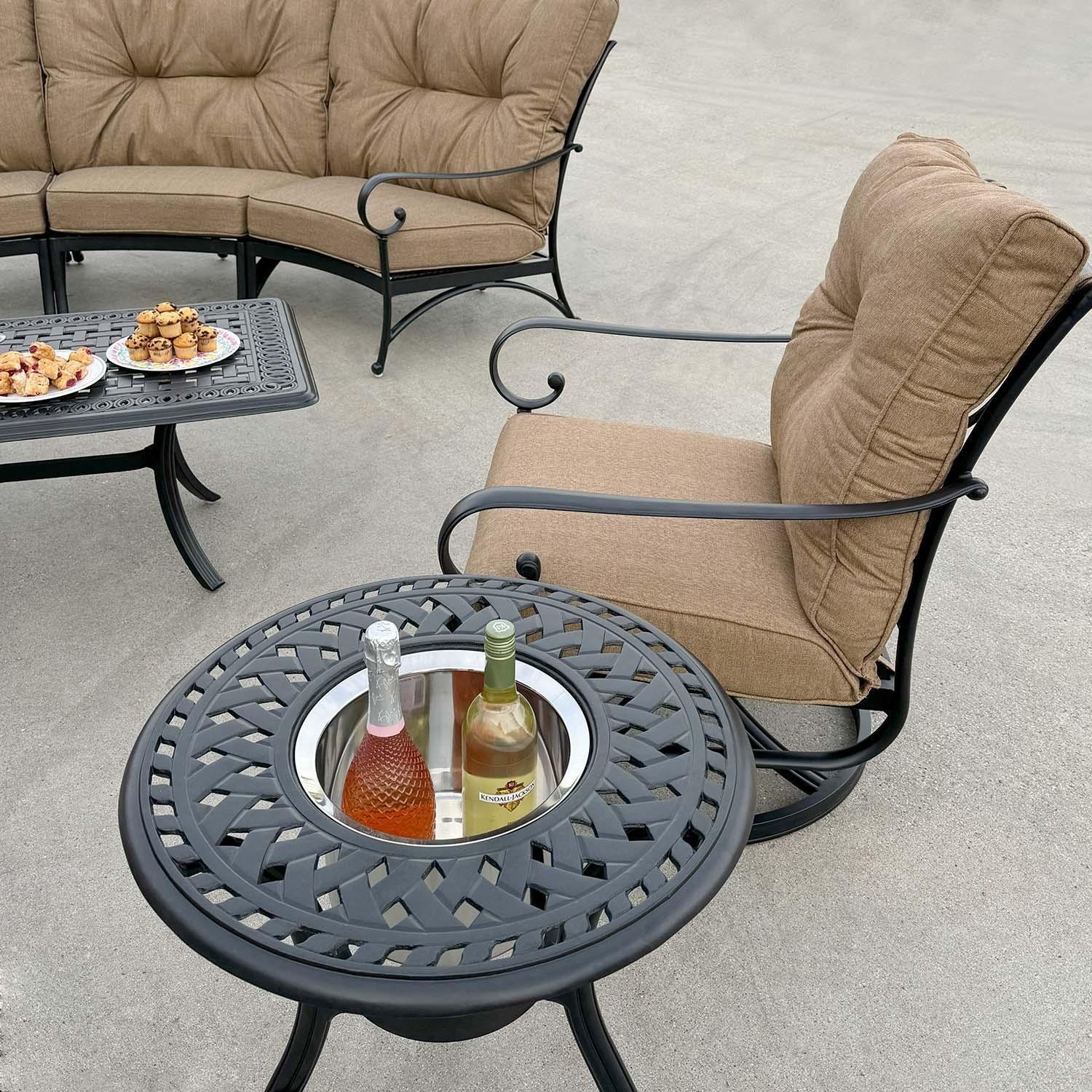 Santa Anita 8 Pc Cast Aluminum Seating Set w/ Swivel Rockers in Antique Bronze/Sesame by Darlee - Ice Bucket End Table - Lifestyle thumbnail
