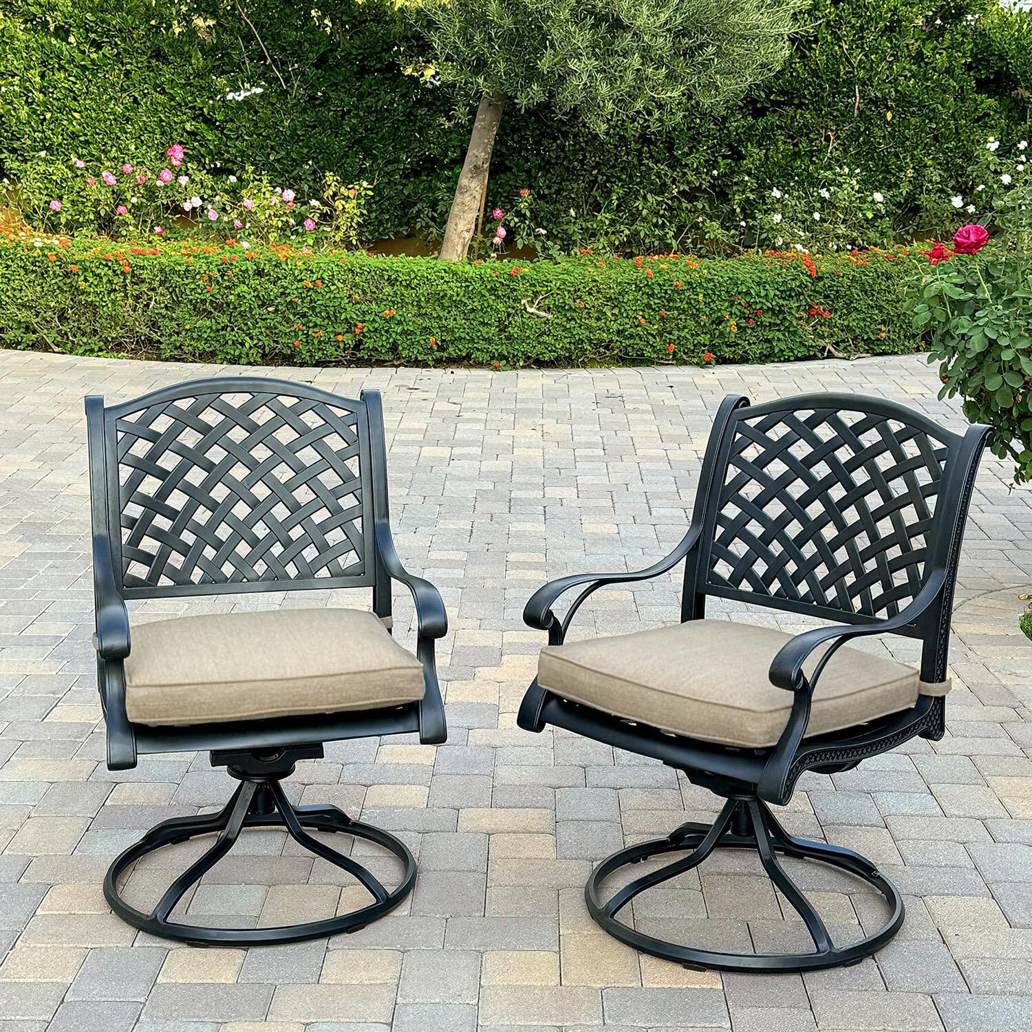 Darlee Nassau 11-Piece Patio Dining Set (with 2 Swivel Rockers) with Sesame Cushions and 42 X 120 Inch Rectangular Extension Dining Table - Pair of Swivel Chairs - Lifestyle thumbnail