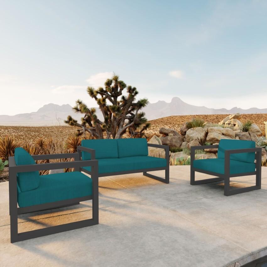 Misty Cove 3 Piece Seating Set in Slate w/Loveseat & Spectrum Peacock Cushions by Lakeview - On The Patio - Lifestyle thumbnail