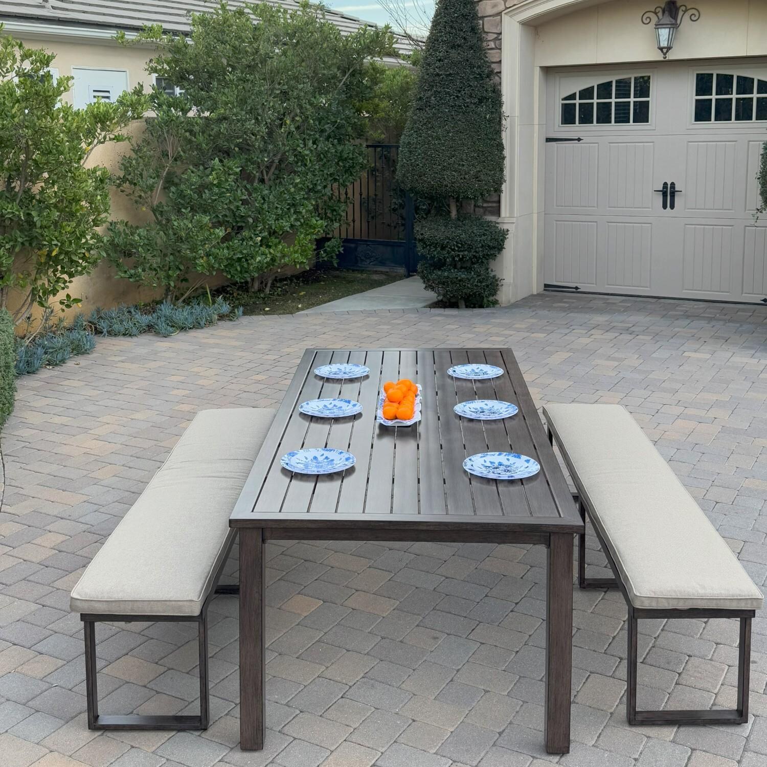 Atlantis 3 Pc Aluminum Dining Set w/ 2 Three Person Benches in Walnut/Beige by Darlee - Hero - Lifestyle thumbnail