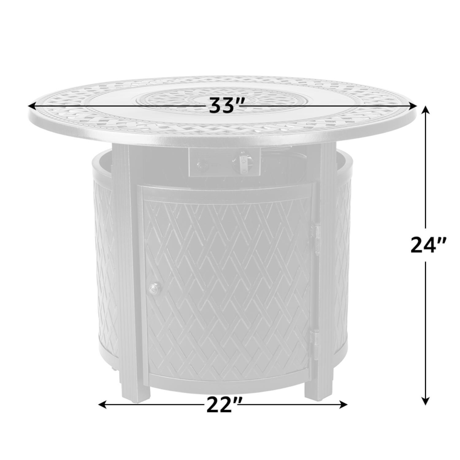 Ultimate Patio 62988 Palm Way 33-Inch Round Aluminum Propane Gas Fire Pit - Dimensions thumbnail
