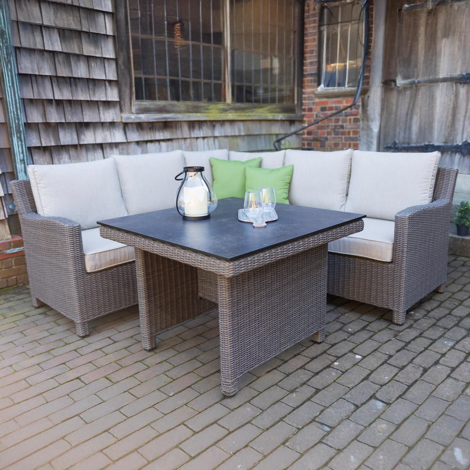 Palma 7 Pc Wicker Modular Corner Seating Set in Cast Ash By KETTLER - Patio Up Close - Lifestyle thumbnail