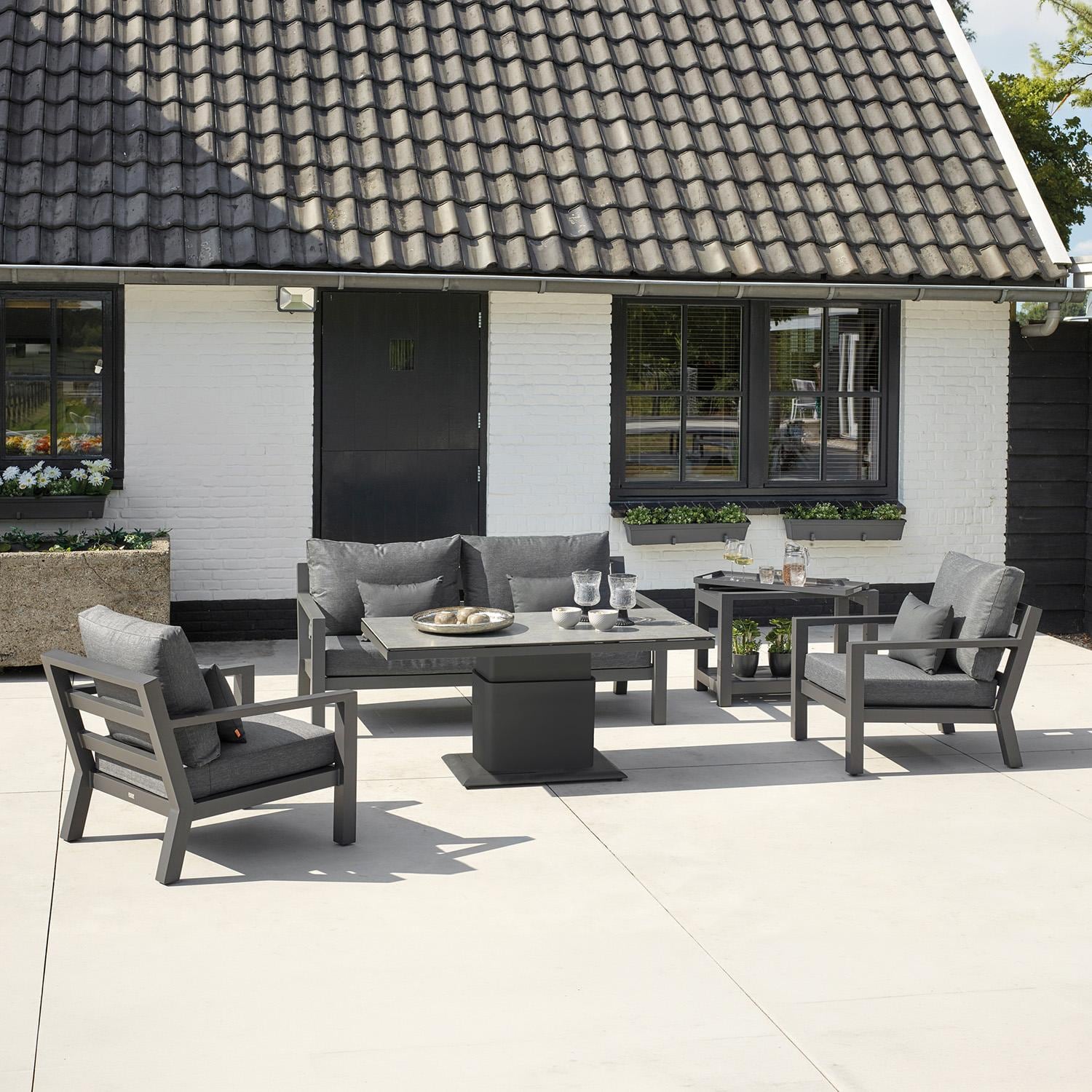 Timber 4 Pc Aluminum Seating Set in Lava / Natte Charcoal - On Patio - Lifestyle thumbnail