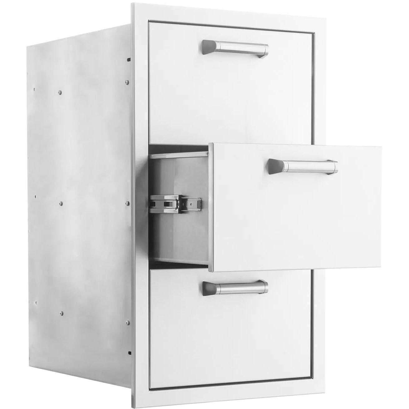 BBQGuys Signature 16 Inch Stainless Steel Triple Access Drawer - Drawer Open - White Background thumbnail