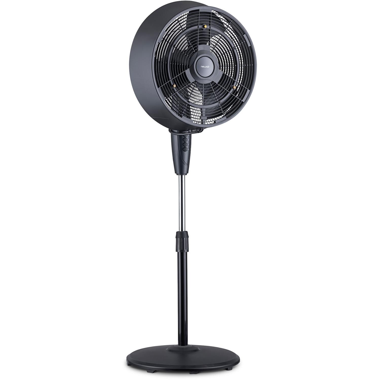 NewAir FMF2K5BK00 18-in Misting & Oscillating Pedestal Fan for Indoor & Outdoor w/ Adjustable Height & Head Tilt - 1600 CFM - Angled Right - White Background thumbnail