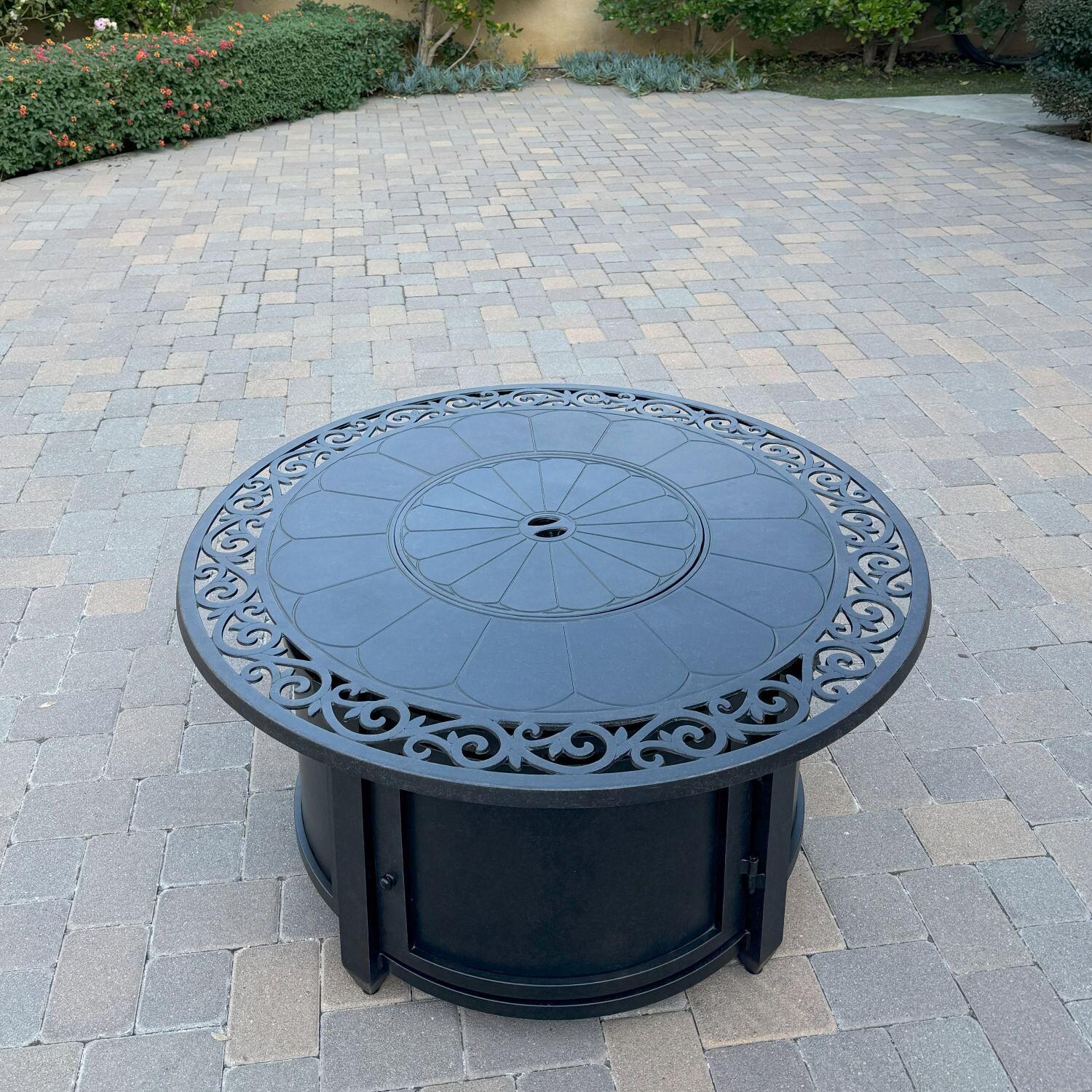 Darlee Cast Aluminum 47-in Round Fire Pit Chat Table - Lid On - Lifestyle thumbnail