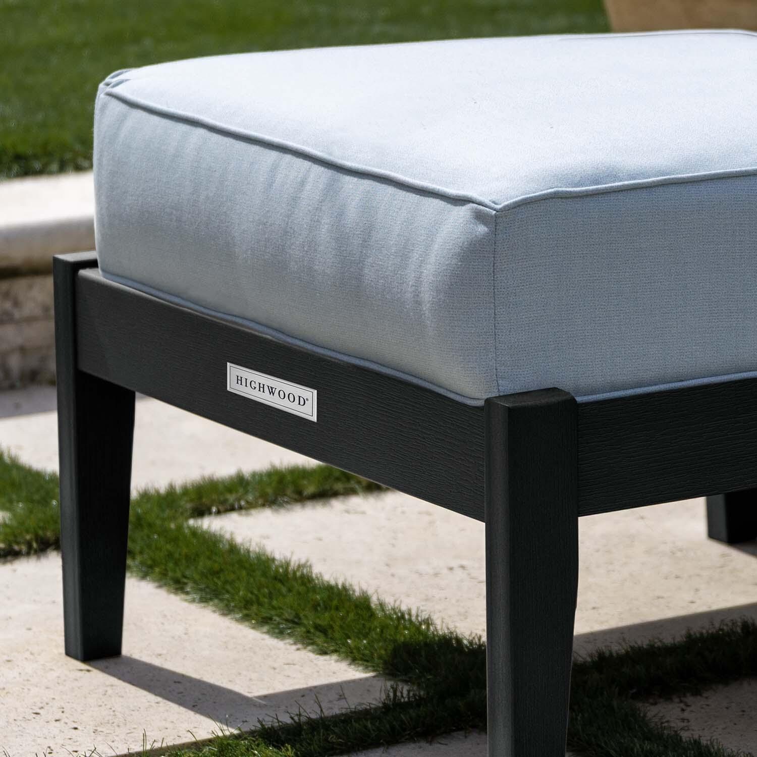 Blushing Bay Recycled Plastic Ottoman in Bliss Dew/Black by Lakeview Outdoor Designs- Close Up - Lifestyle thumbnail