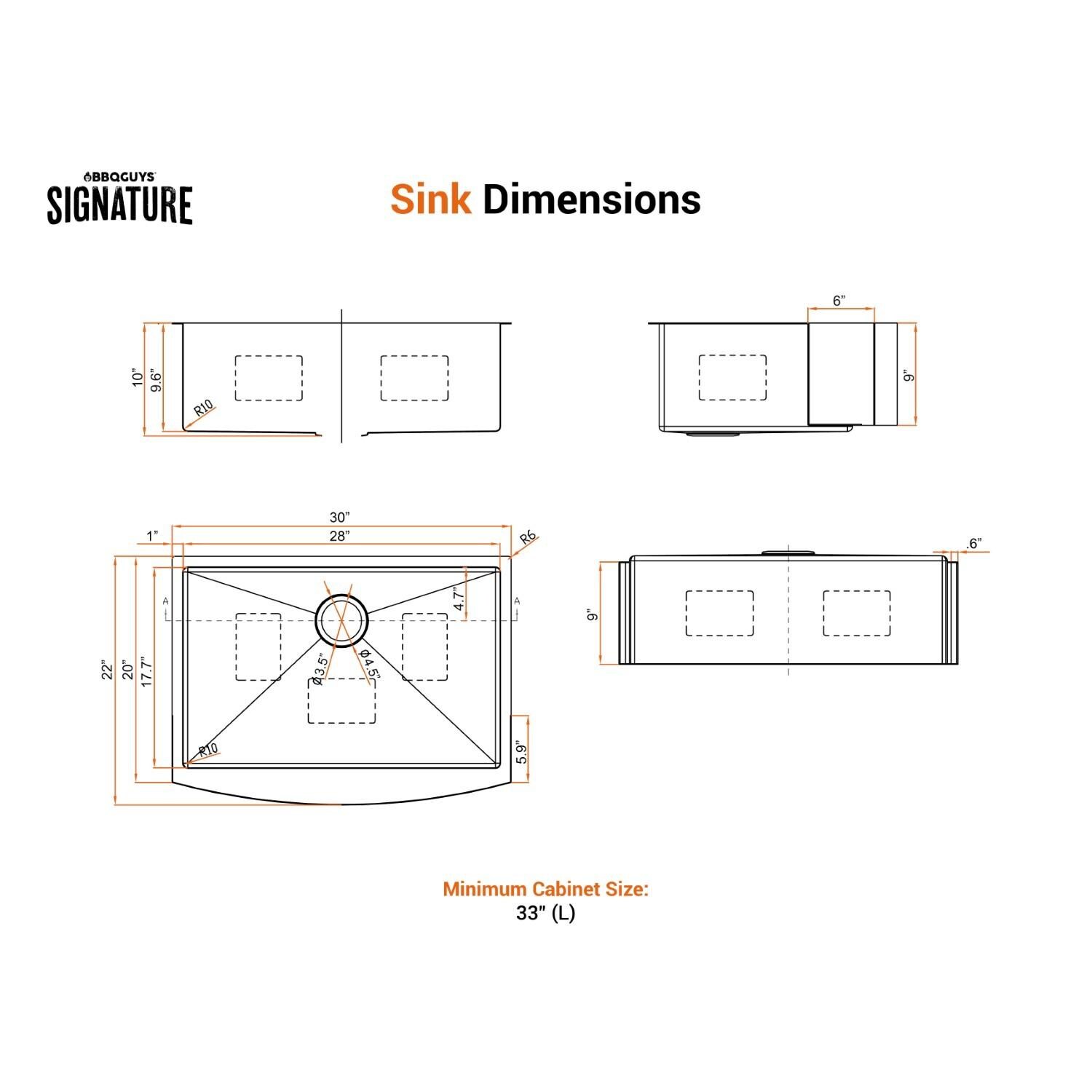 BBQGuys Signature Farmhouse Bowed Apron Stainless Steel 30-Inch Sink W/Grid and Strainer - Dimensional thumbnail