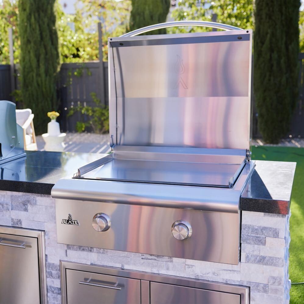 BBQGuys Signature 8 Ft Grill Island w/ 32 Inch Natural Gas Blaze Premium LTE+ Grill & Griddle, Narrow Trash Bin & Door & Drawer | Alaska Gray w/ Black Granite - Griddle - Lifestyle thumbnail