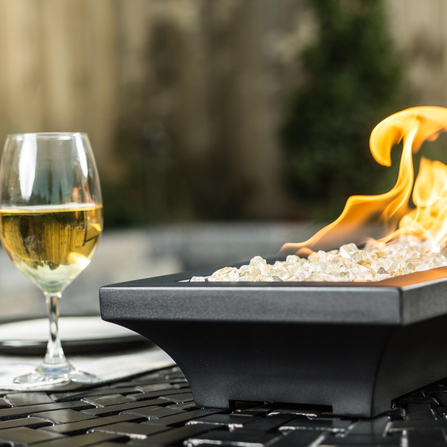 BBQGuys Signature Series Lavelle 24-Inch Table-Top Natural Gas Fire Pit - Black - End View - Shown with 1/2 inch White Gold Reflective Fire Glass thumbnail