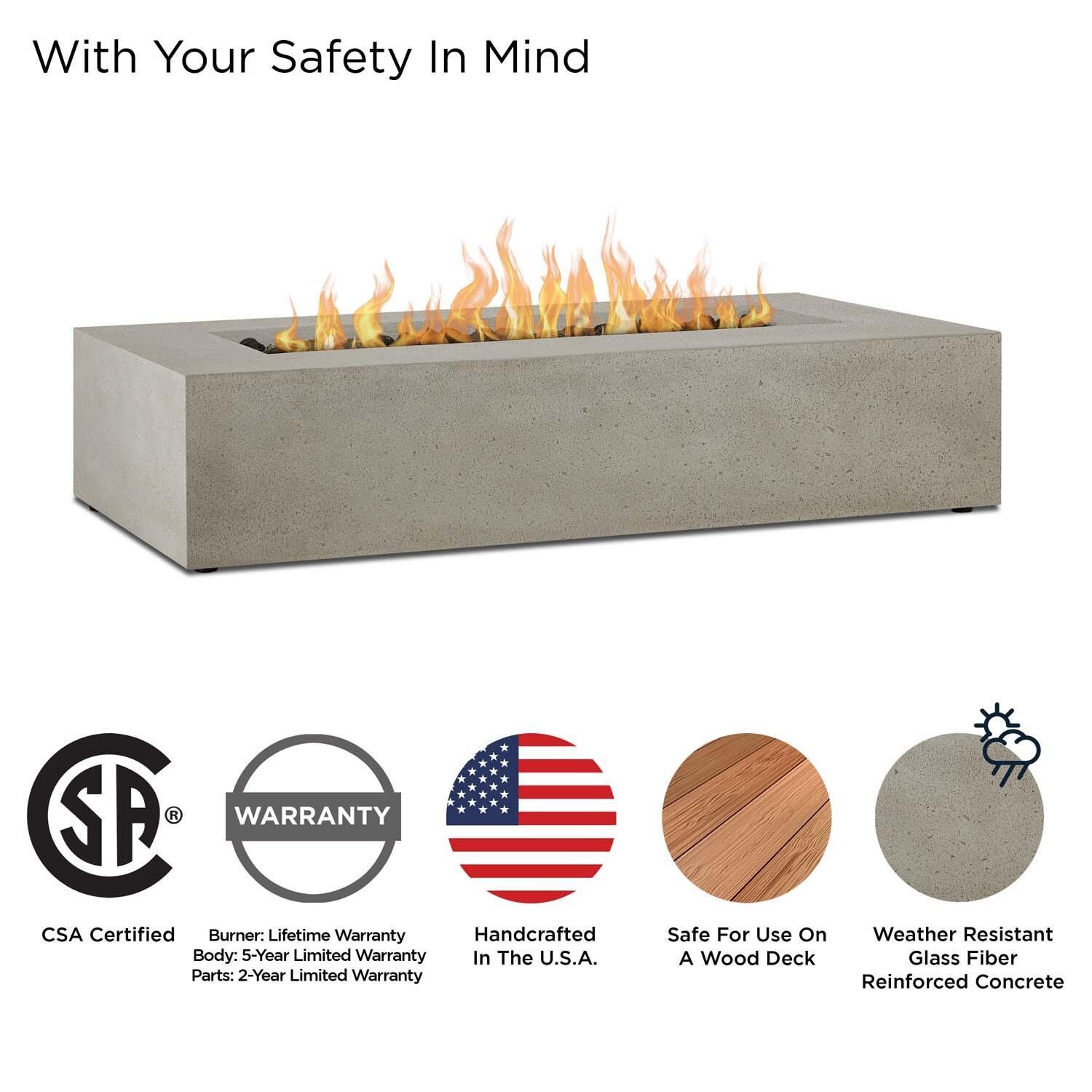 Hillview Bay 56 Inch Rectangular Glass Fiber Reinforced Concrete Propane Fire Pit Table in Flint by BBQGuys Signature - Safety thumbnail