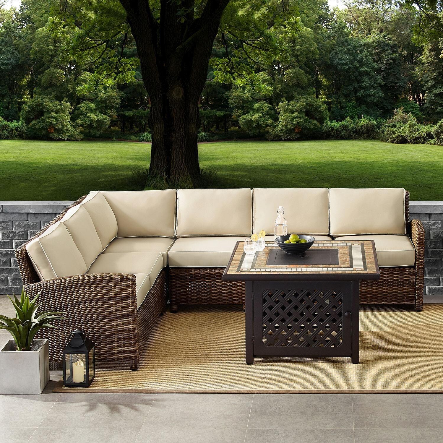 Ultimate Patio UP-92391-SA 5Pc Wicker Outdoor Sectional Set W/ Fire Table in Sand - On Patio W/ Fire Table Off - Lifestyle thumbnail