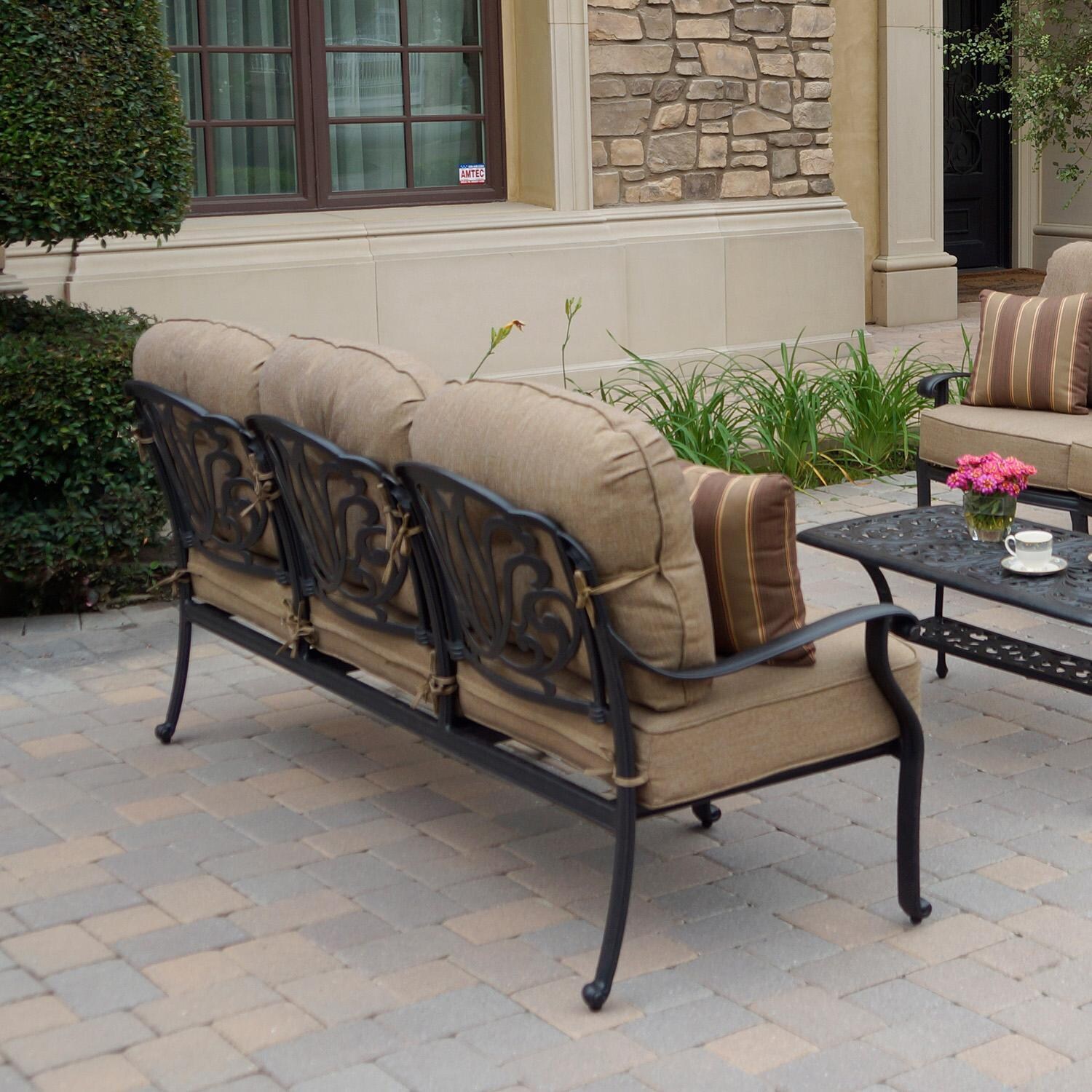 Elisabeth 4 Pc Cast Aluminum Seating Set w/ Series 80 Coffee Table in Antique Bronze by Darlee - Sofa - Detail thumbnail