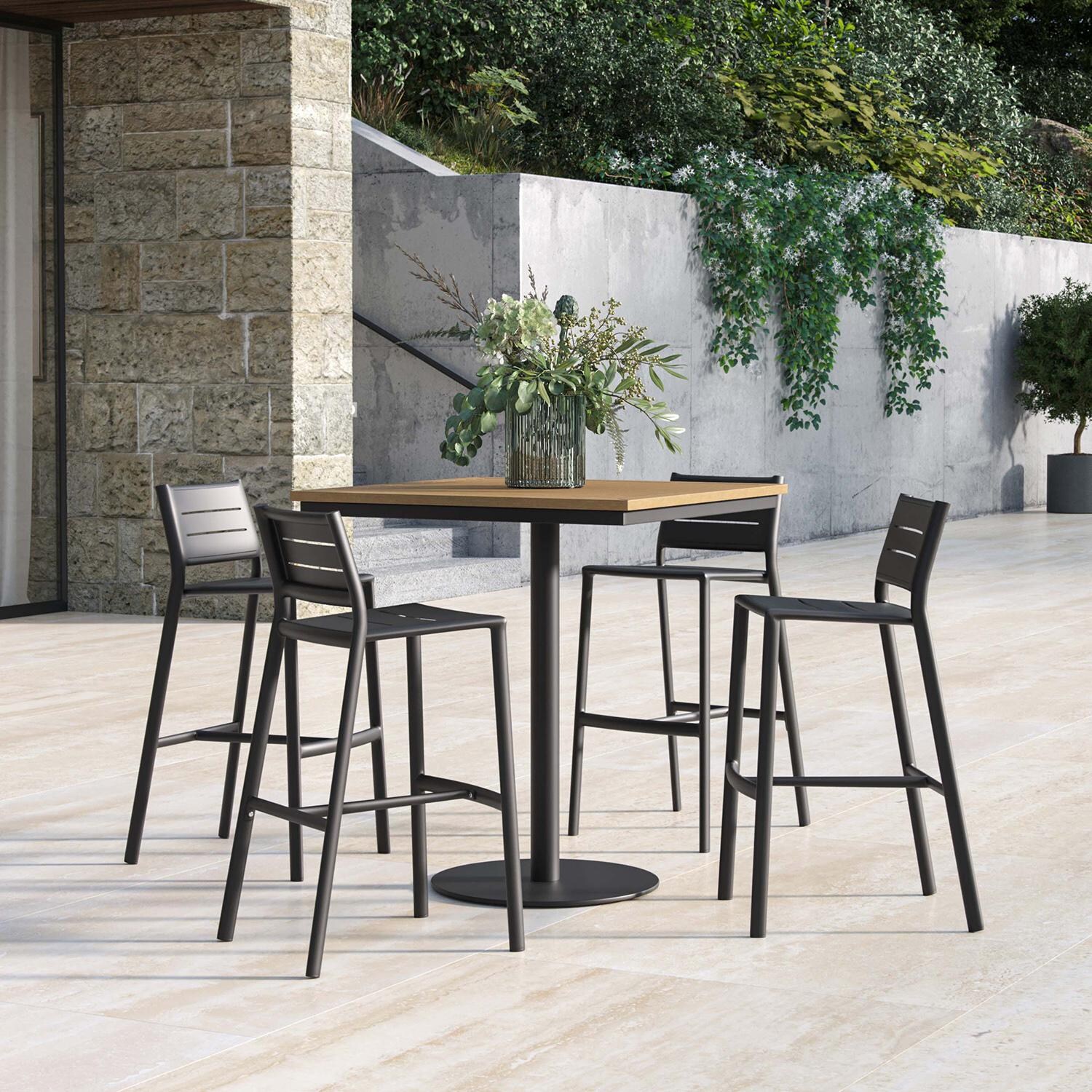 Oxford Garden Eiland 5 Pc Aluminum Bar Set W/ Natural Tekwood Table Top in Carbon thumbnail