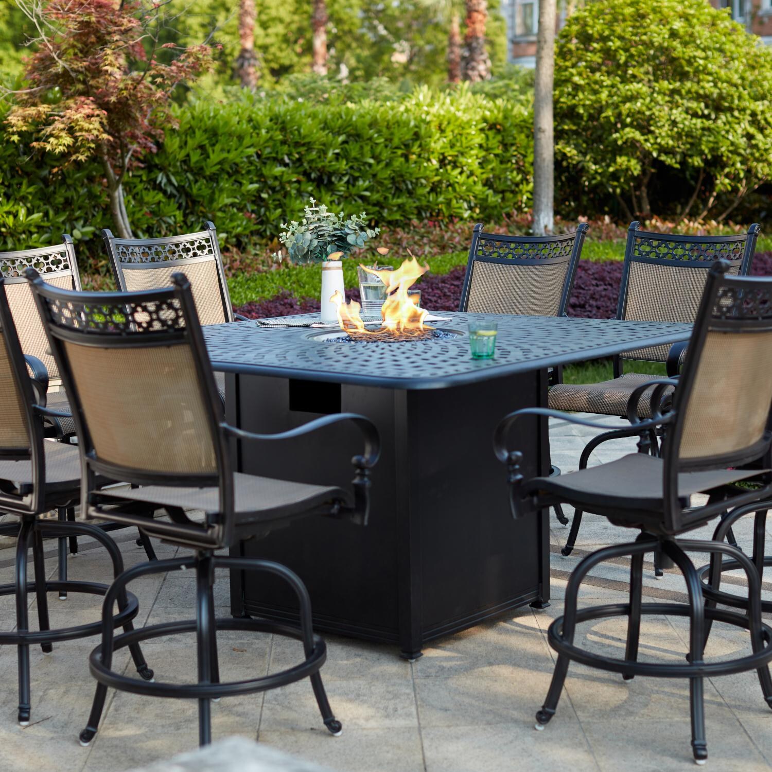 Darlee 201610-9PC-60GHW Mountain View 9 Piece Cast Aluminum Sling Patio Counter Height Fire Pit Dining Set W/ 60 Inch Round Table thumbnail