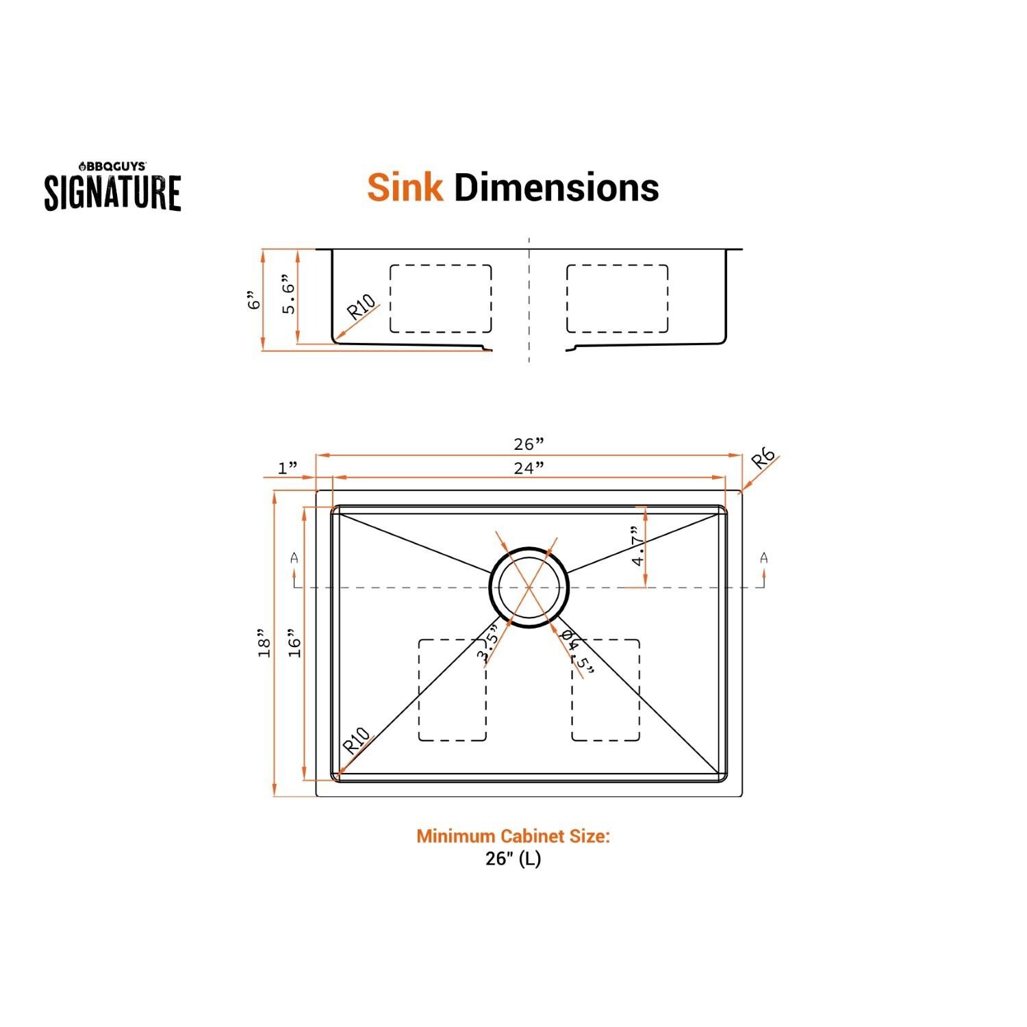 BBQGuys Signature Undermount Stainless Steel 25-Inch Single Bowl ADA Sink W/Grid and Strainer Drain - Dimensional thumbnail