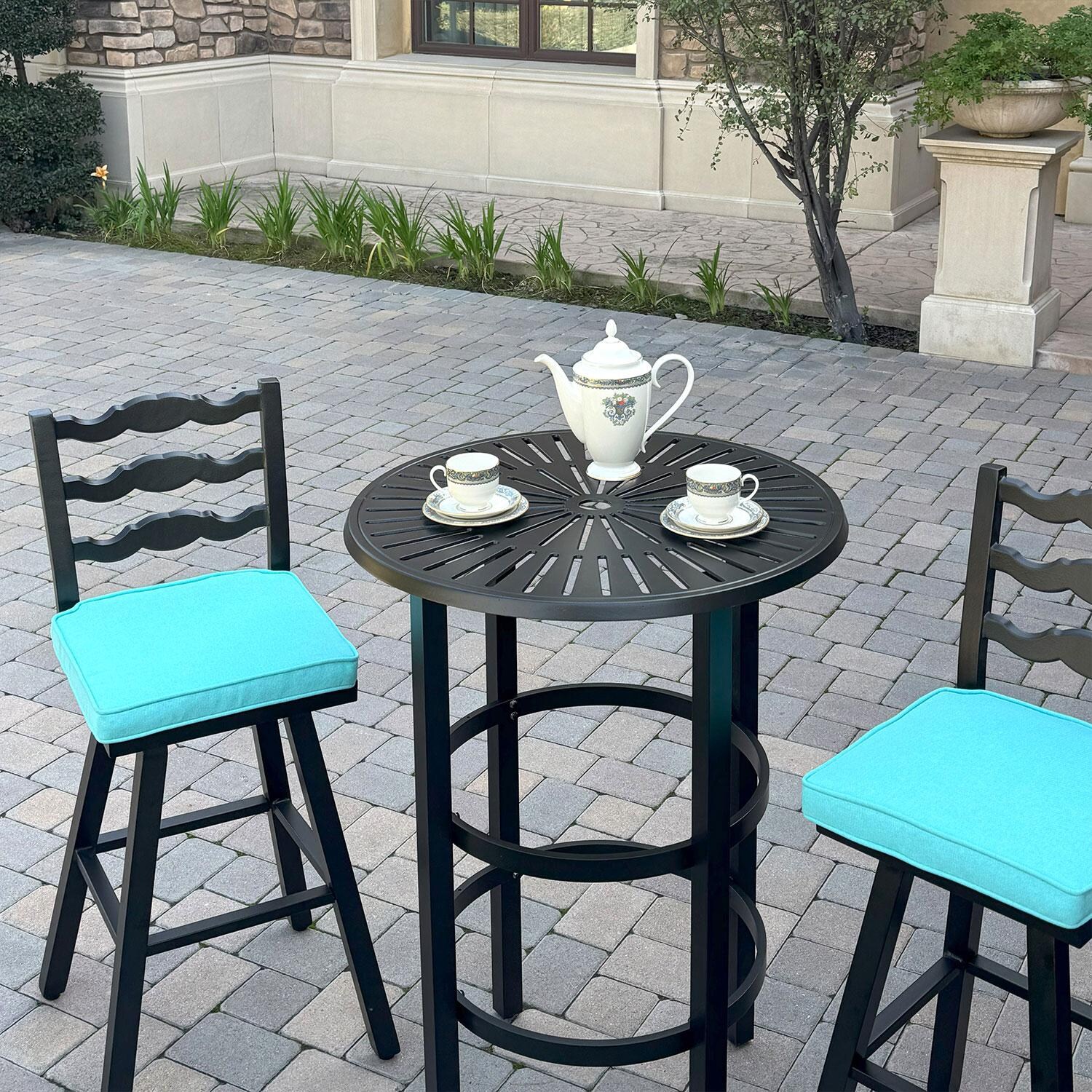 Aspen Aluminum 3 Pc Patio Bar Set w/ 30-in Round Bar Table in Blue by Darlee - Close Up - Lifestyle thumbnail