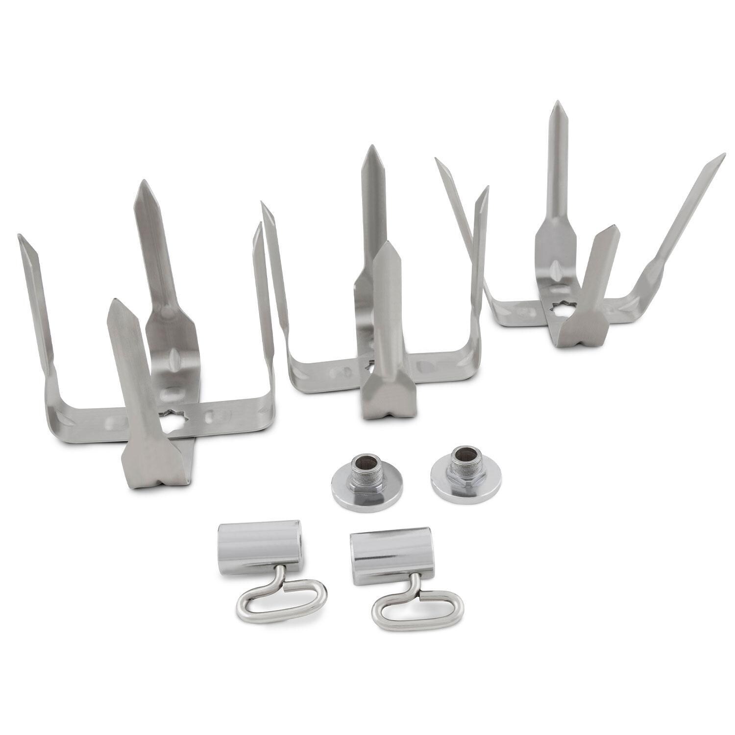Broil King 50500 Stainless Steel Mega Rotisserie Forks - Forks Stood Up W/ Tools & Screwed - White Background thumbnail