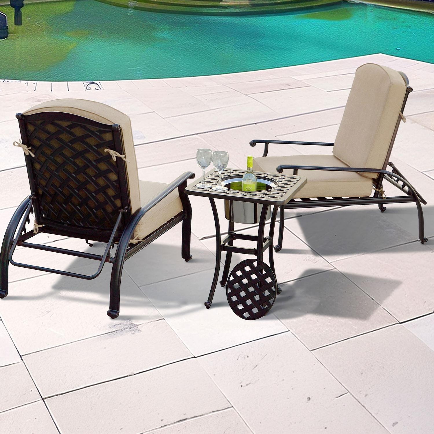 Darlee Nassau 3 Pc Cast Aluminum Seating Set w/ 25 Inch Square Series 30 Ice Bucket End Table & & Reclining Chair in Antique Bronze/Beige Canvas by