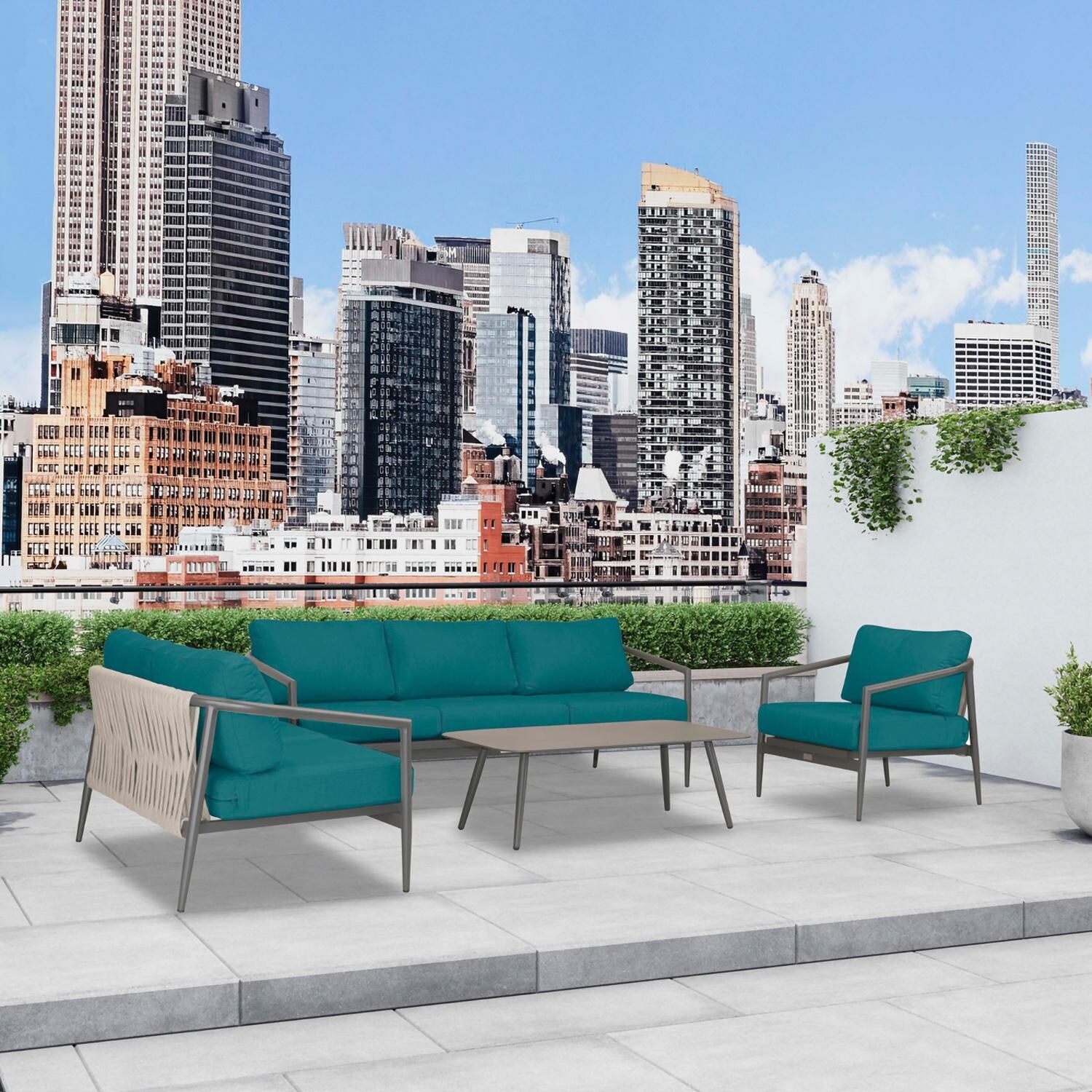 Lakeview Midnight Cove 4 Pc Aluminum Sofa Loveseat Seating Set in Slate/Pebble Gray/Spectrum Peacock - Angled - Lifestyle thumbnail