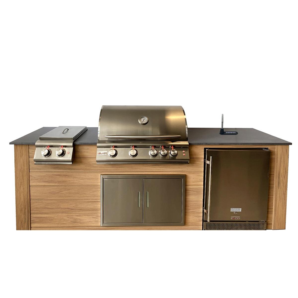 Pro-Fit 8-Foot Outdoor Kitchen Island W/ Blaze LTE 32-Inch Natural Gas Grill, Double Side Burner, Refrigerator & Beverage Dispenser - Golden Cypress / Grigio Piombo Satin