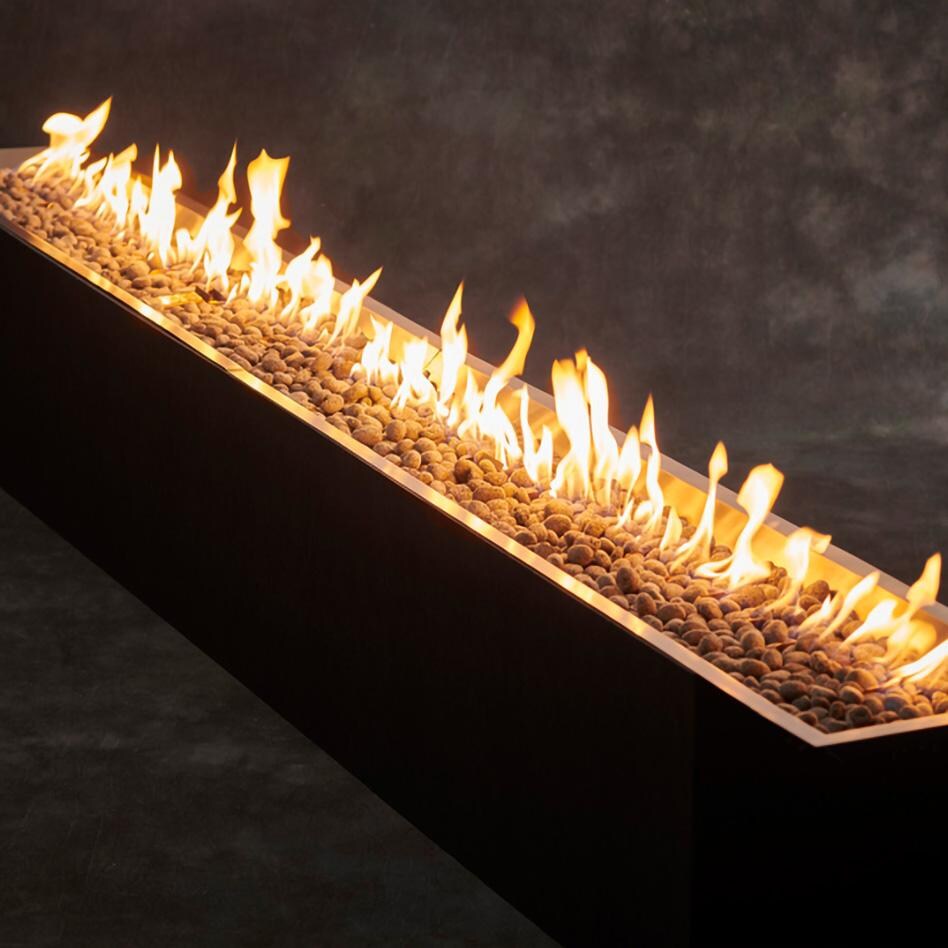 The Outdoor GreatRoom Company CFP12108DSING Crystal Fire Plus 108 Inch Drop-In Linear 180,000 BTU Natural Gas Fire Pit Burner Kit w/ Direct Spark Ignition - Stainless Steel - Fire w/ Lava Rock - Detail thumbnail