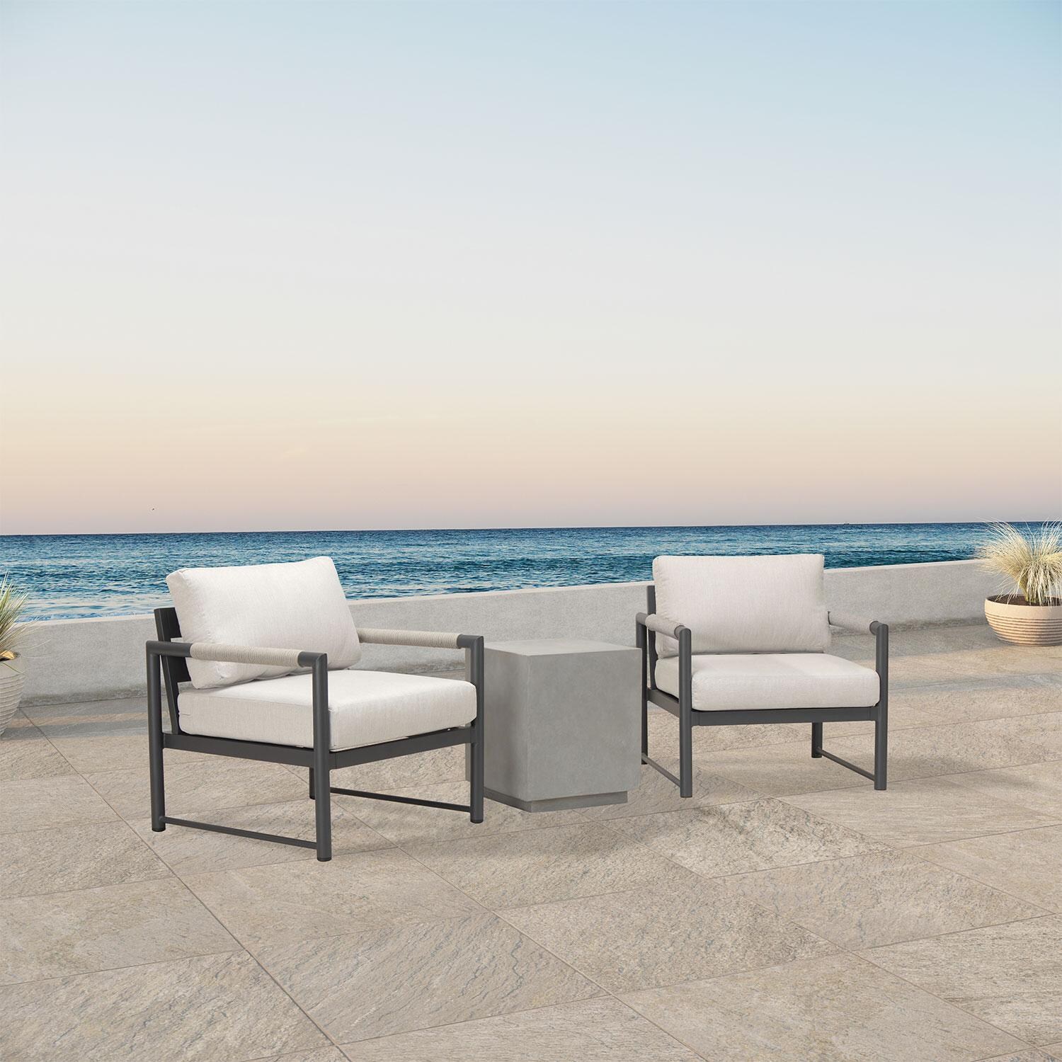 Lakeview AVEBAY-SL-PG-SET104-CS Avenue Bay Slate/Pebble Gray 3 Pc Chat Set - Cast Silver Angled On Patio - Lifestyle thumbnail