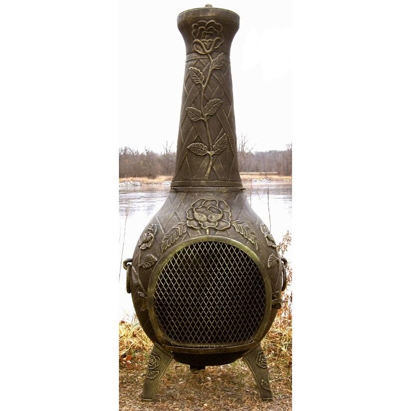 The Blue Rooster Rose Style Cast Aluminum Chiminea - Gold Accent