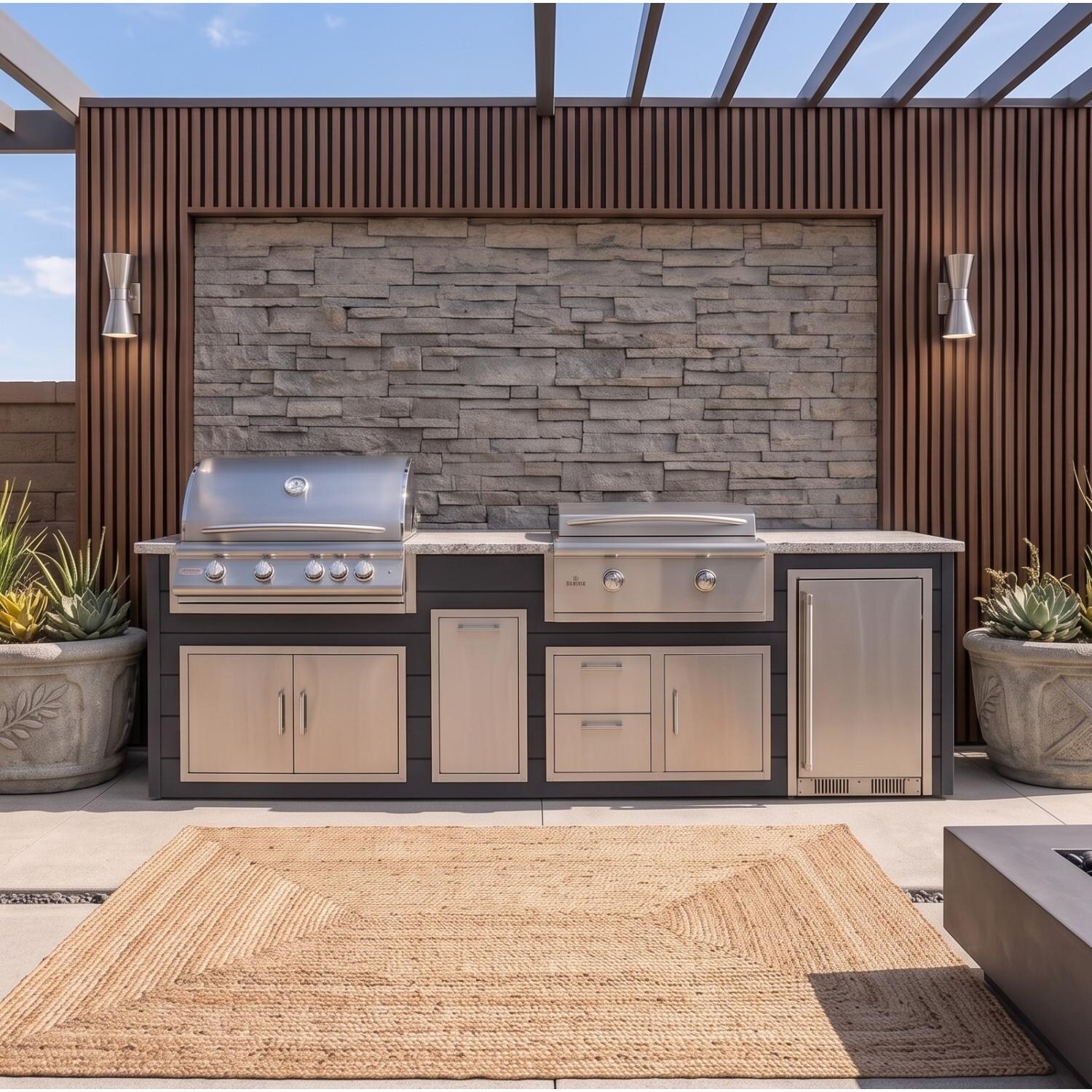 BBQGuys Signature 10 Ft Grill Island w/ 32-in Propane Blaze LTE+ Grill & Griddle, Narrow Trash Bin & Door & Drawer | Asphalt Gray w/ White Granite - Front - Lifestyle detail thumbnail