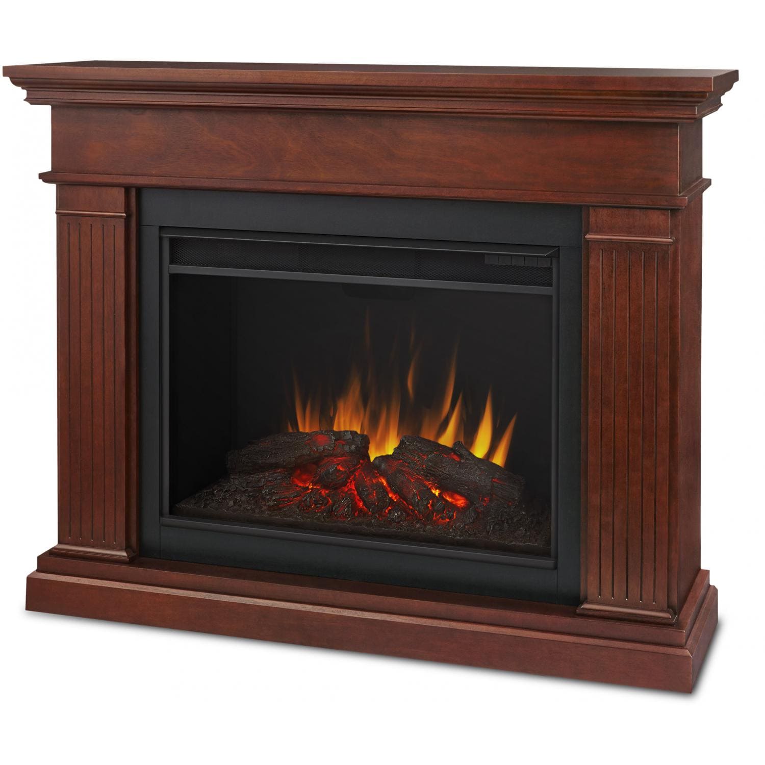 Real Flame Kennedy Grand 55-Inch Electric Fireplace With Mantel - Dark Espresso - 8070E-DE : Gas Log Guys Featuring distinct columns and a contrasting black firebox surround