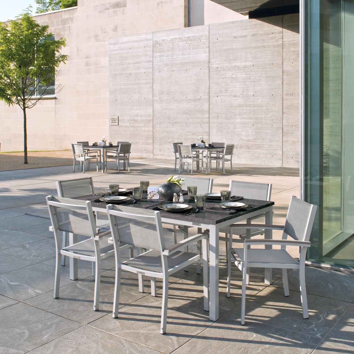 Oxford Garden Travira 4 Pc Composite Sling & Aluminum Dining Chair W/ Vintage Tekwood Arm Caps in Flint/Titanium - Outdoor Dining thumbnail