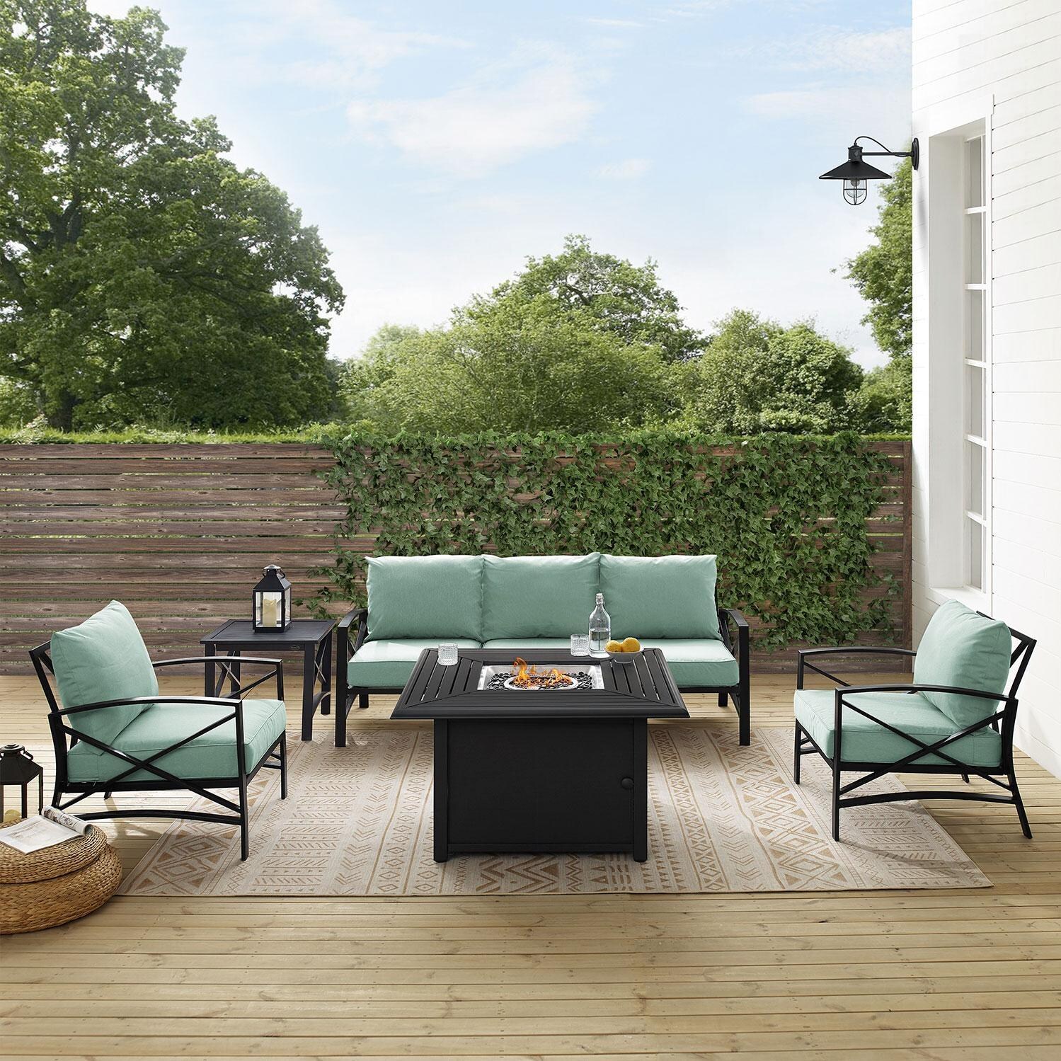 Ultimate Patio UP-82269BZ-MI 5Pc Outdoor Sofa Set W/ Fire Table in Mist - Front View W/ Fire Table On - Lifestyle thumbnail