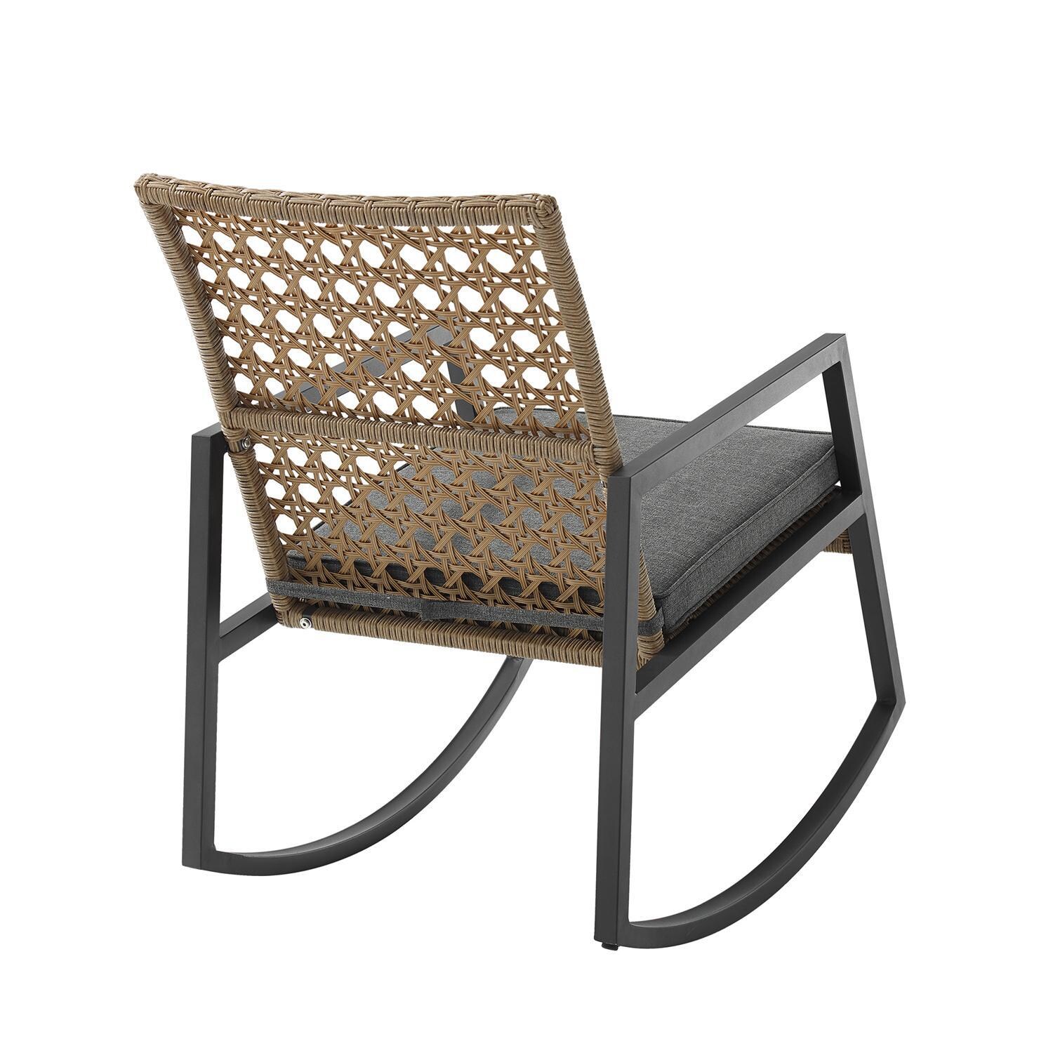 Ultimate Patio Pointebell Rattan & Steel Patio Rocking Chair W/ Gray Cushion - Brown - Rear View thumbnail