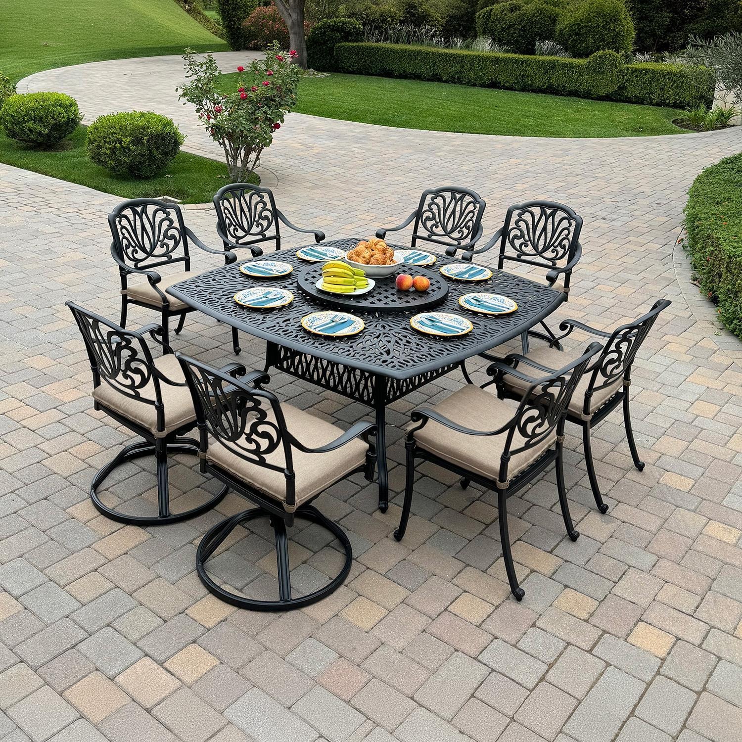 Darlee Elisabeth 10 Pc Cast Aluminum Dining Set w/ 64 Inch Table & 4 Swivel Rockers in Antique Bronze/Beige Canvas by - B/DL707-10PCR-707E