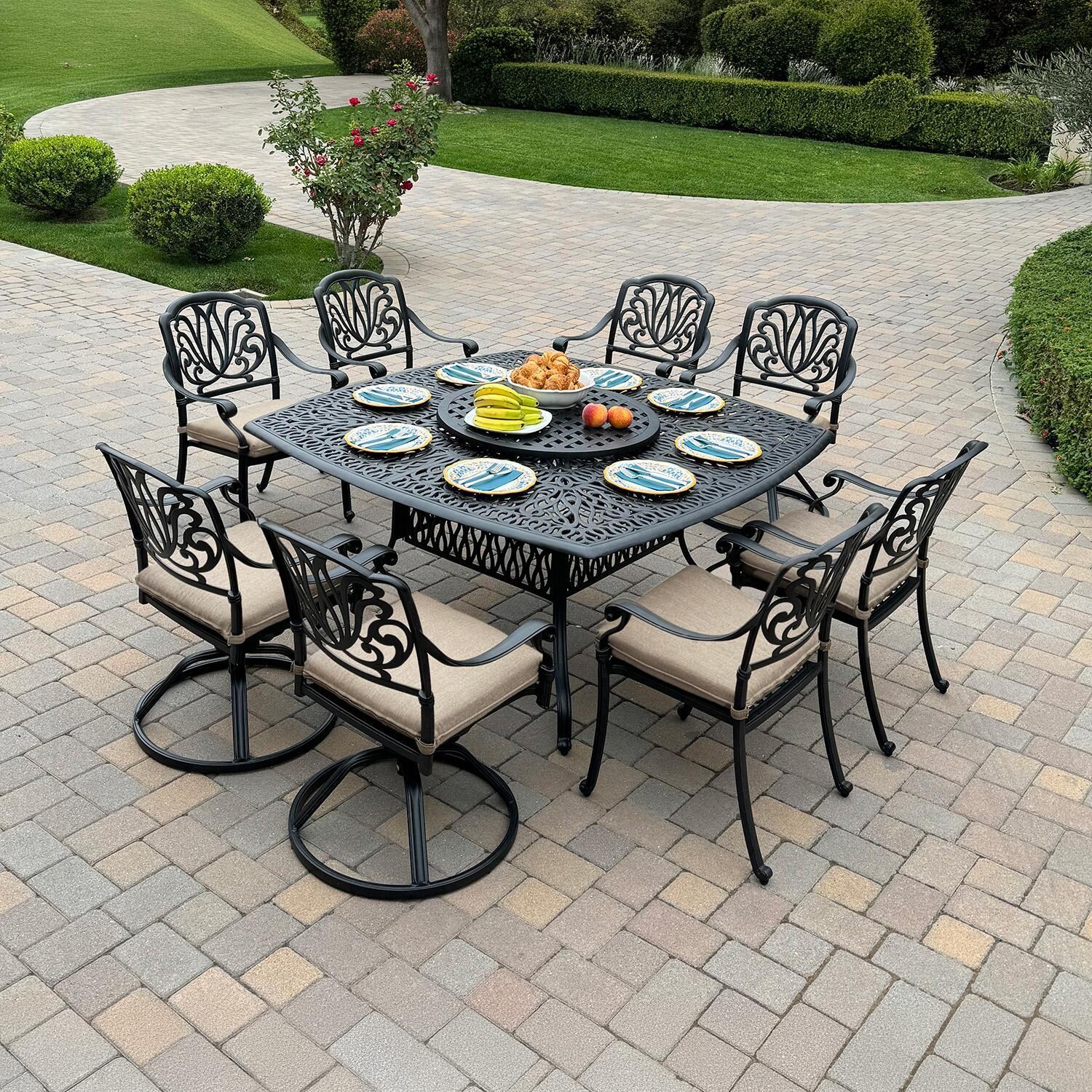  Darlee Elisabeth 10 Pc Cast Aluminum Dining Set w/ 64 Inch Table & 4 Swivel Rockers in Antique Bronze/Beige Canvas - Set - Lifestyle thumbnail