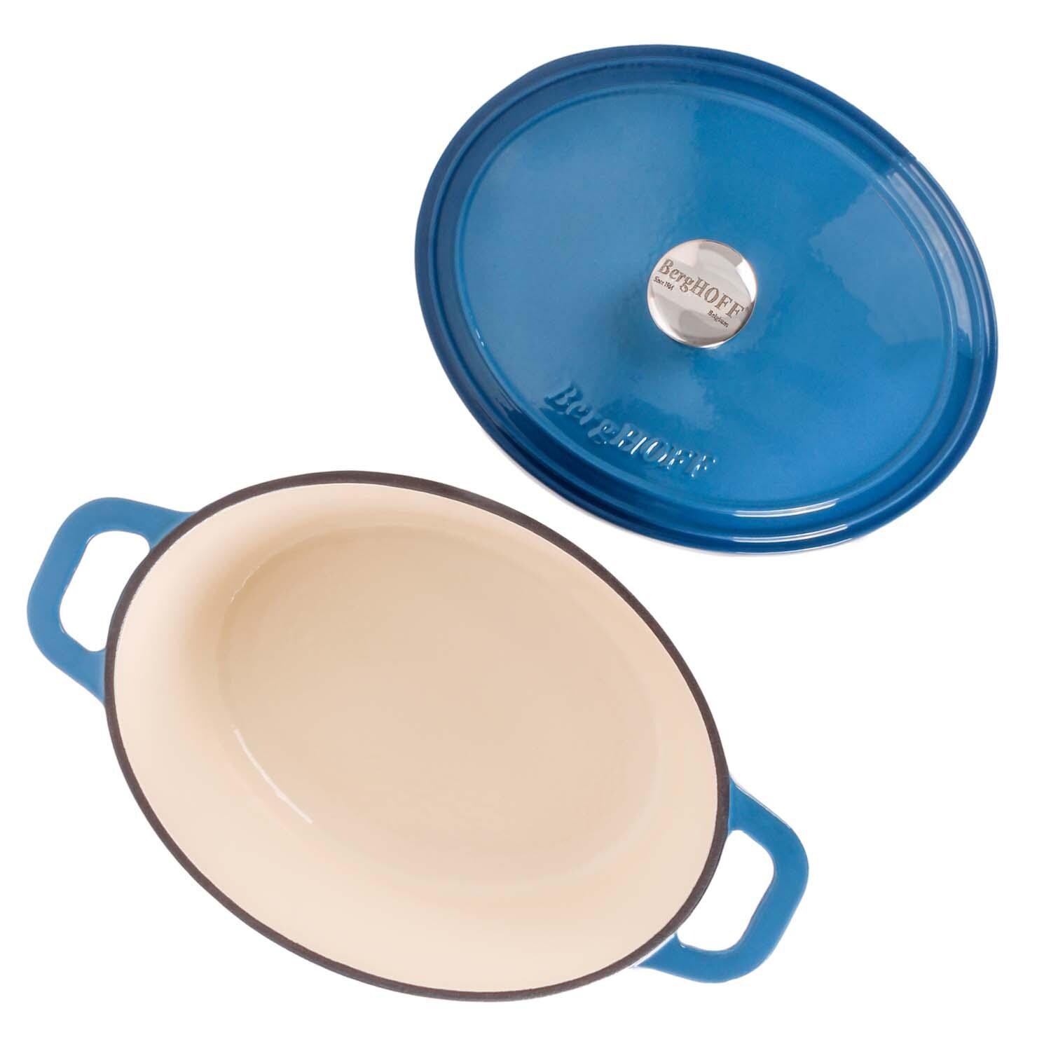 BergHOFF 13-in Neo Cast Iron 8 Qt. Oval Dutch Oven w/ Lid - Blue - Top View - White Background