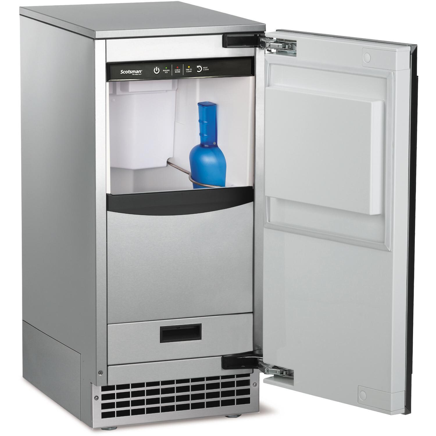 Scotsman SSRNP110A-1SS 15-in 110 Lb. Ice Machine w/ Pump - Stainless Steel - Door Open - White Background thumbnail