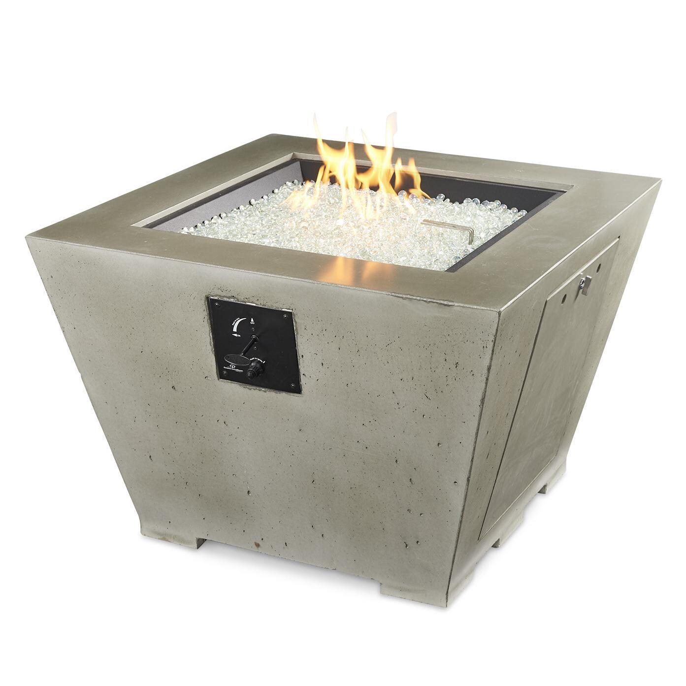 Cove 37 Inch Square GFRC Propane Fire Bowl w/ Electronic Ignition in Natural Gray by The Outdoor GreatRoom Company - Flame - White Background thumbnail