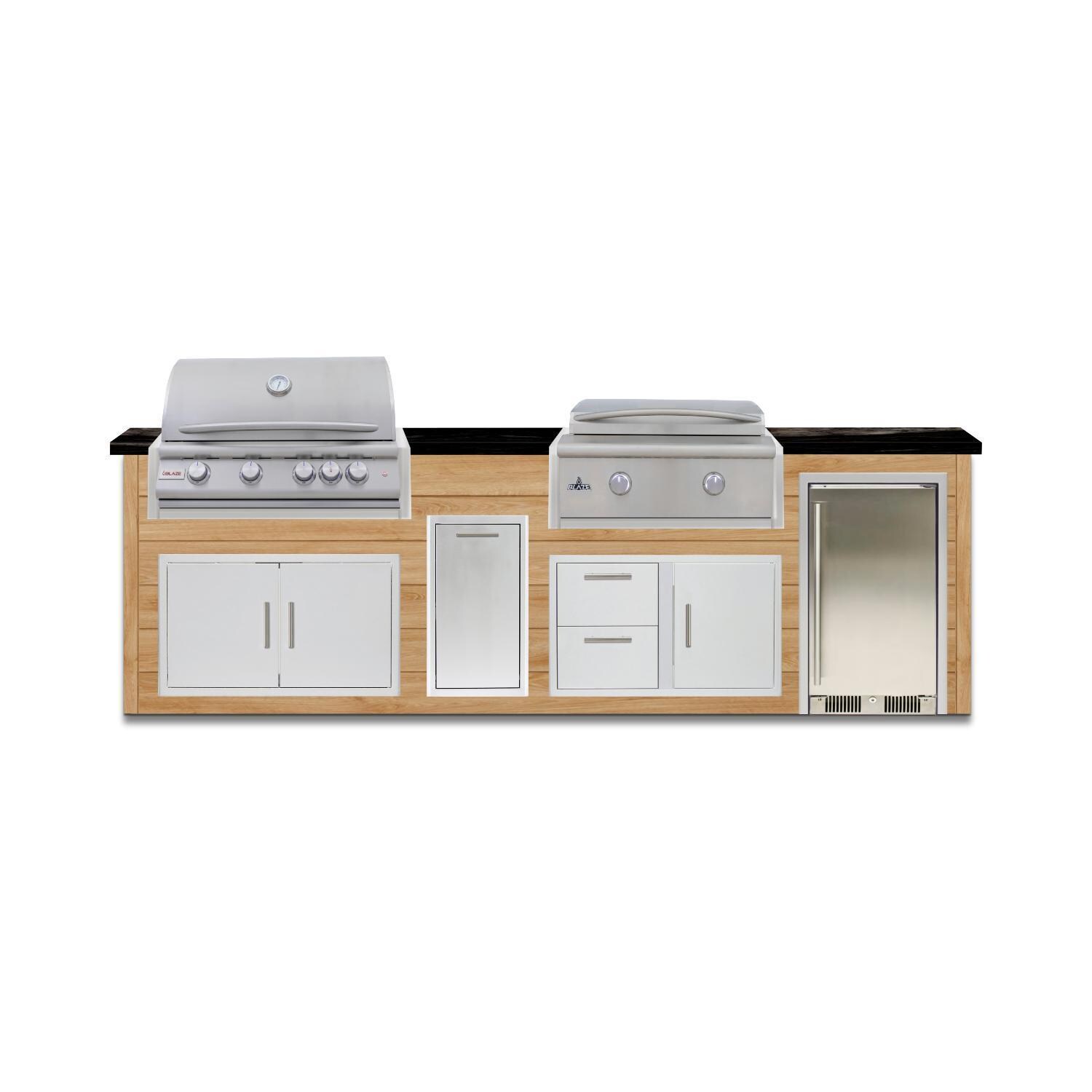 BBQGuys Signature 10 Ft Outdoor Kitchen Island w/ 32 Inch Propane Blaze LTE+ Grill & Griddle & Narrow Trash Bin | Sun Bleached Oak w/ Nero Mist Granite