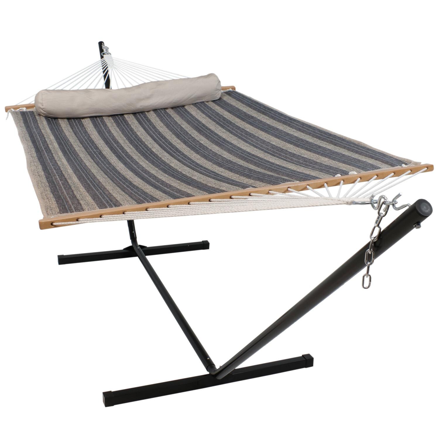Sunnydaze Decor Quilted Double Hammock w/ 12-Foot Steel Beam Stand & Pillow - Mountainside - LY-QFH-MTS-COMBO image