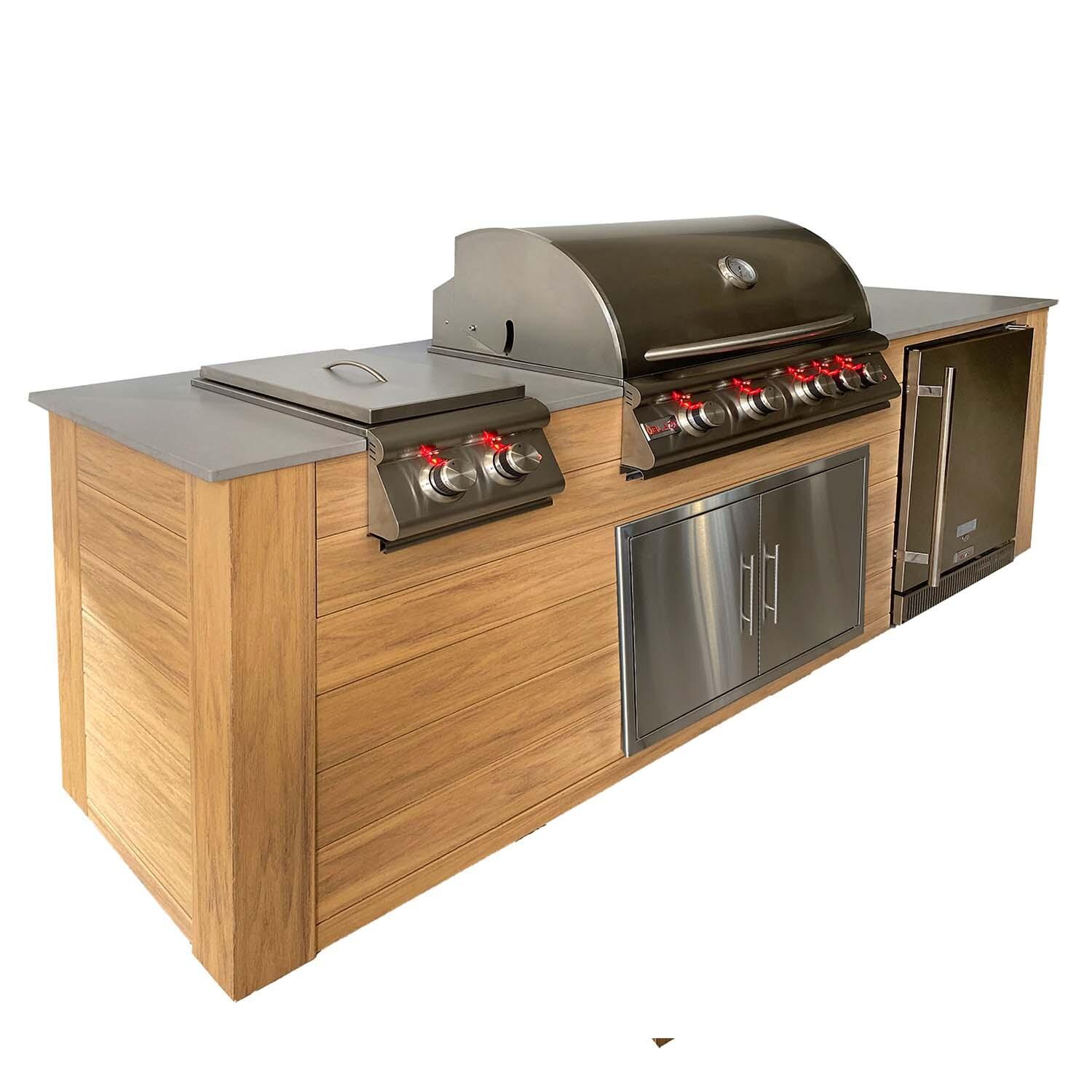 Pro-Fit 8-Foot Outdoor Kitchen Island W/ BLZ-4LTE2-LP Blaze Premium LTE 32-Inch Propane Gas Grill, Double Side Burner & Refrigerator - Golden Cypress / Grigio Cemento Satin - Left - White Background thumbnail