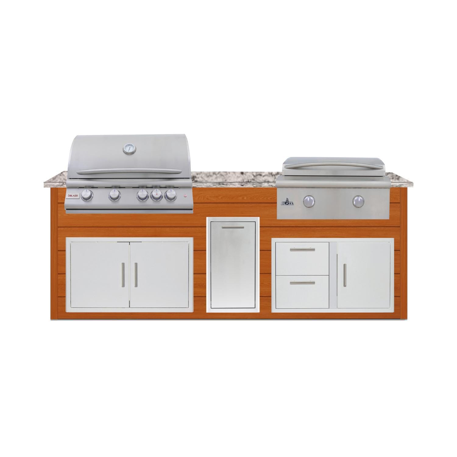 BBQGuys Signature 8 Ft Outdoor Kitchen Island w/ 32 Inch Propane Blaze LTE+ Grill & Griddle & Narrow Trash Bin | Chai Cedar w/ White Granite