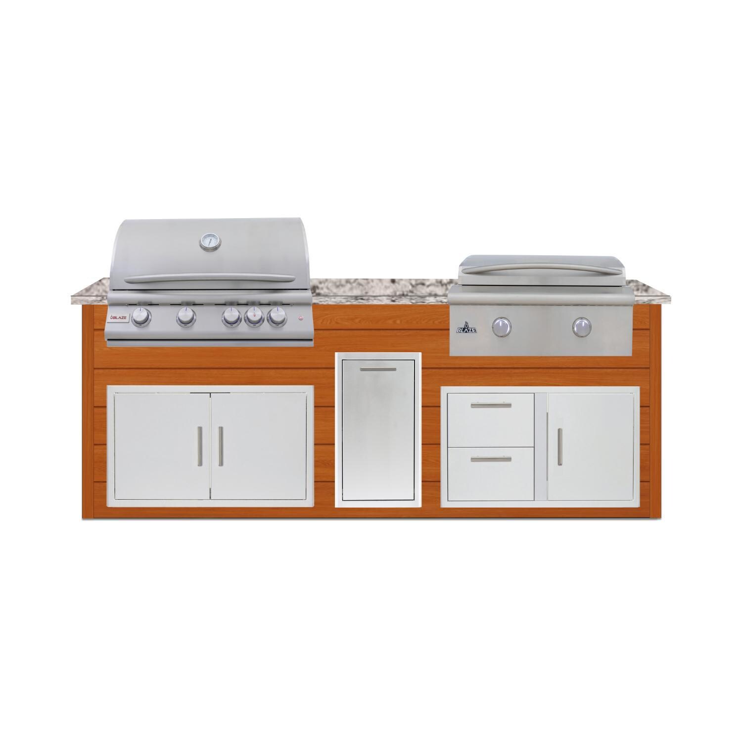 BBQGuys Signature 8 Ft Grill Island w/ 32 Inch Propane Blaze Premium LTE+ Grill & Griddle, Narrow Trash Bin & Door & Drawer | Chai Cedar w/ White Granite - Front - White Background thumbnail