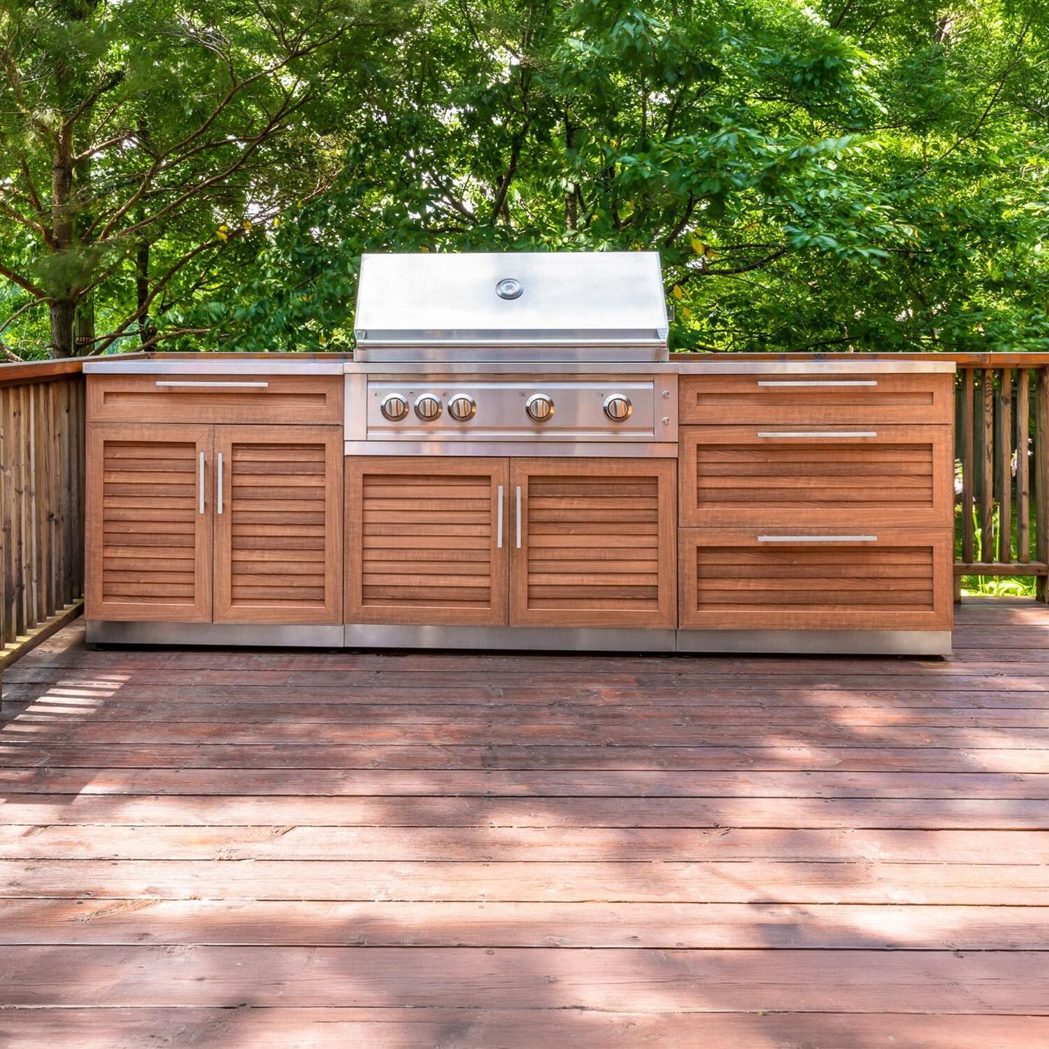 NewAge Products 71054 Classic Series 8 Ft Outdoor Kitchen Island w/ 33-in Propane Grill, Trash Bin, Door & Drawer in Grove/Stainless Steel - On Patio - Lifestyle thumbnail