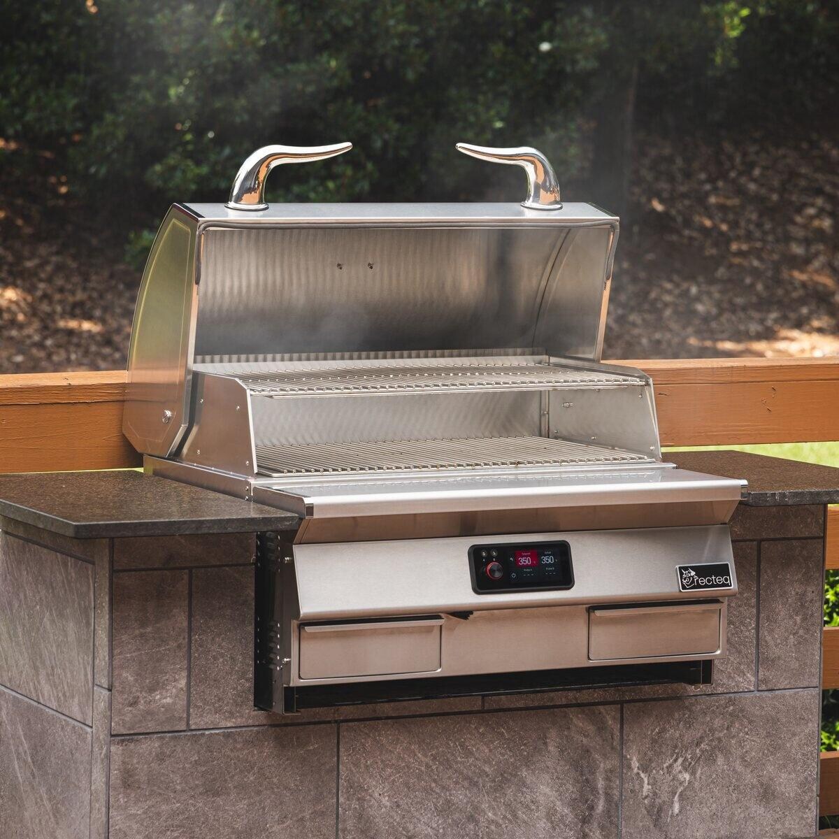 recteq RT-1300ES E-Series 1300 Built-In Wood Pellet Grill - Lid Open Shown w/ Outdoor Kitchen Island - Lifestyle thumbnail