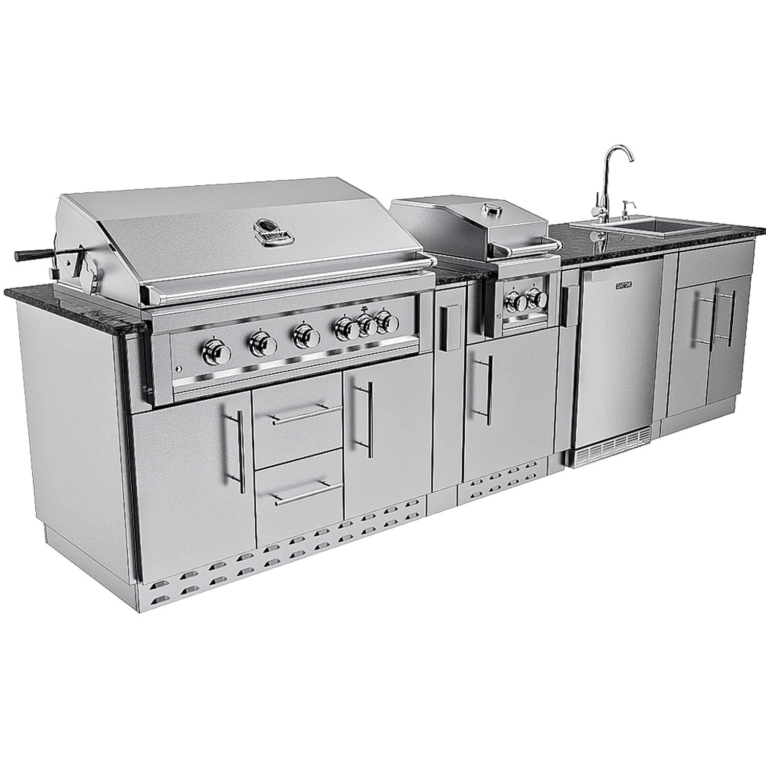 Sunstone Grills SCPGULFBREEZE10.2-NG Gulf Breeze 10 Ft Outdoor Kitchen Island w/ Natural Gas Grill & Side Burner, Sink, Refrigerator, Door & Drawer - Angled - White Background thumbnail
