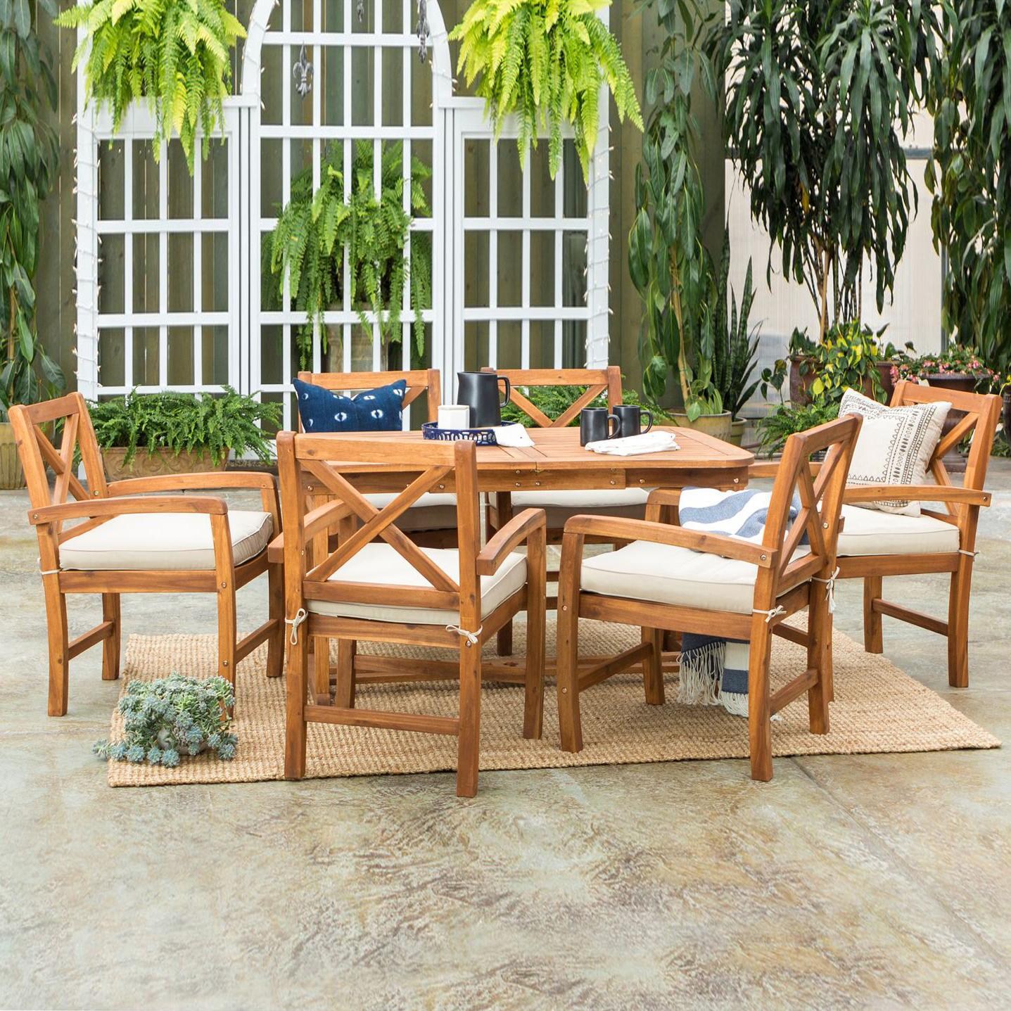 Ultimate Patio Camille Way 7 Piece Acacia Patio Dining Set W/ 55 X 35 Inch Extension Table & Natural Cushions