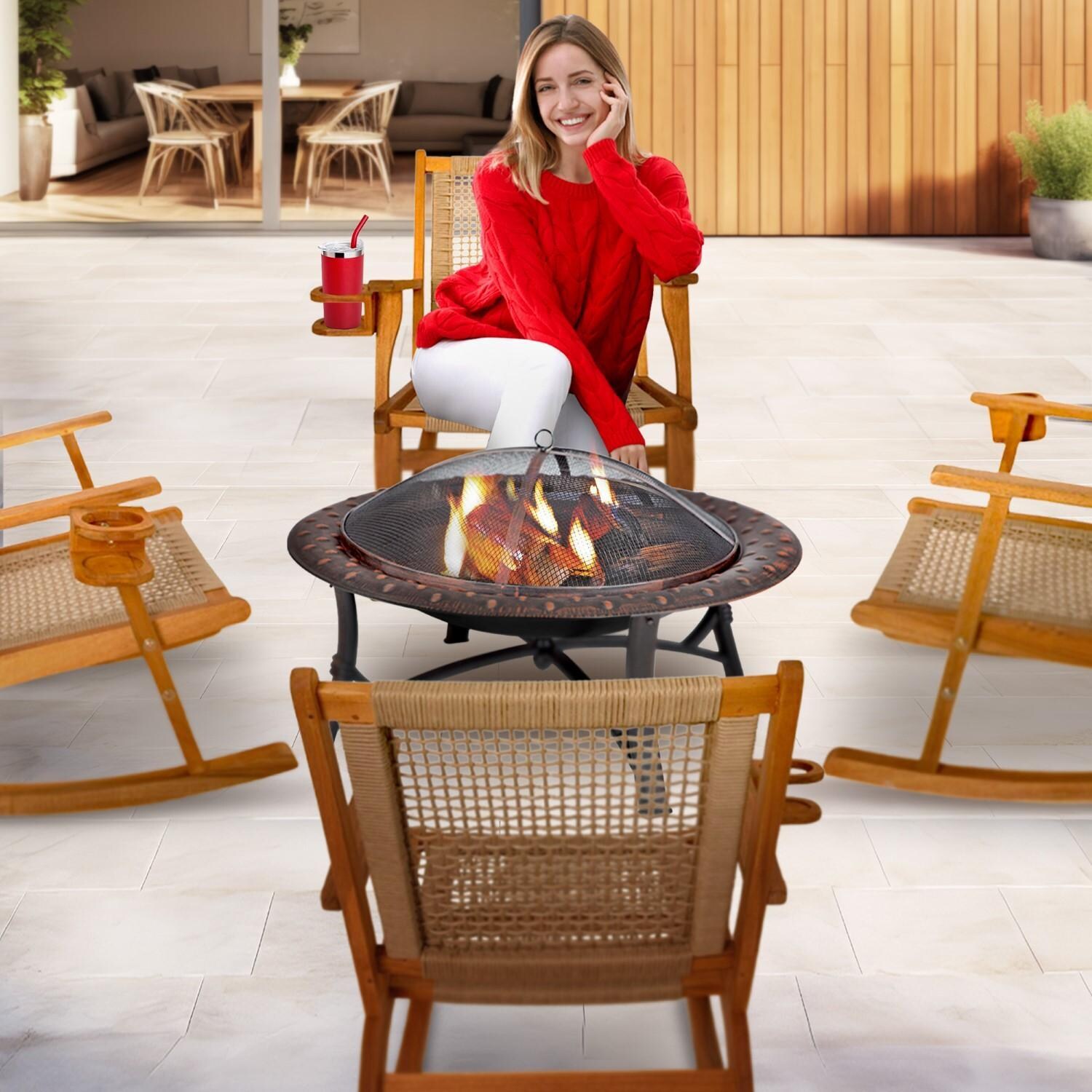 Crewview 5 Pc Outdoor Rocking Chair Set w/ Beverage Holder & Wood Burning Fire Pit by Ultimate Patio - In Use - Lifestyle thumbnail