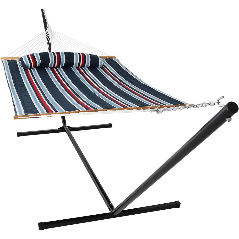 Sunnydaze Decor Quilted Double Hammock w/ 15-Foot Steel Beam Stand & Pillow - Nautical Stripe - LY-QFH-NS-COMBO15 image