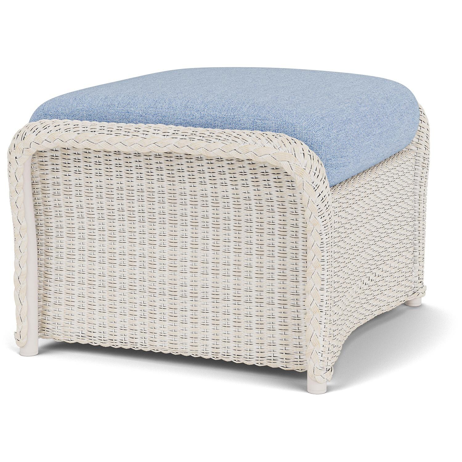 Lloyd Flanders Weekend Retreat Woven Ottoman in Antique White Finish W/ Demo Skyway Fabric - Angled thumbnail